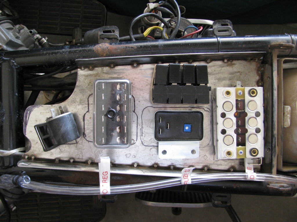 Eric started by sending me a tray and all of the electrical components he wanted to hide just below the seat. He also used tubing and labels to indicate where things would be located.