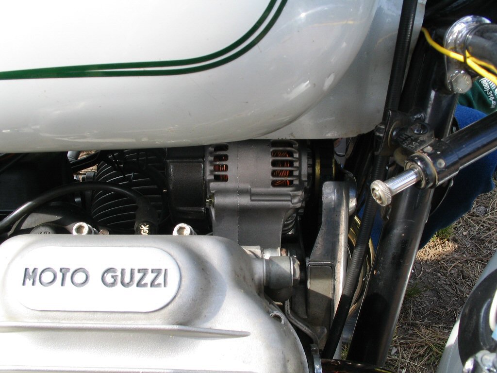 Neil Hemenway's alternator conversion. Applicable to Moto Guzzi V700, V7 Special, Ambassador, 850 GT, 850 GT California, Eldorado, and 850 California Police motorcycles.