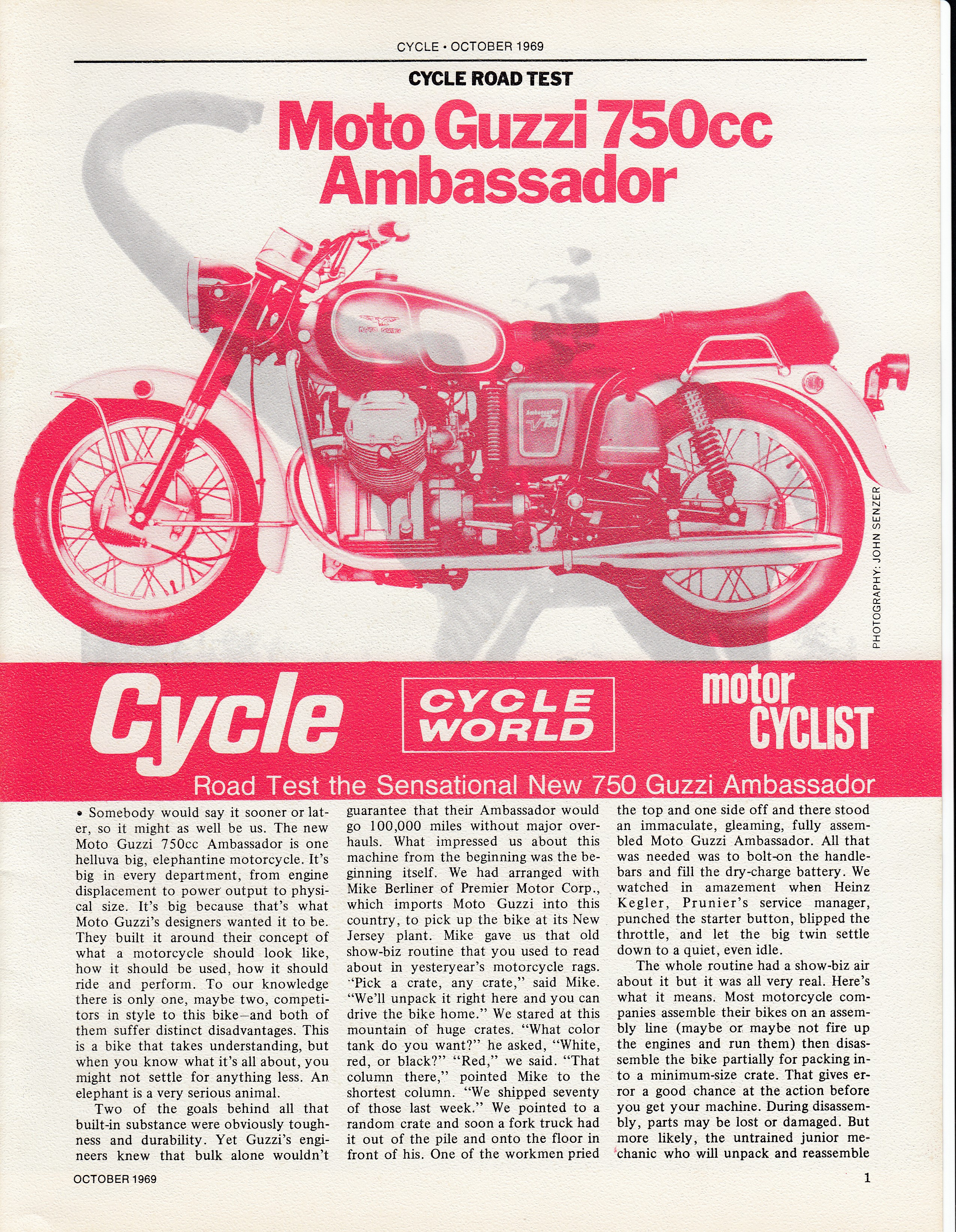 Moto Guzzi Ambassador factory brochure of magazine reviews, Page 1 of 16.