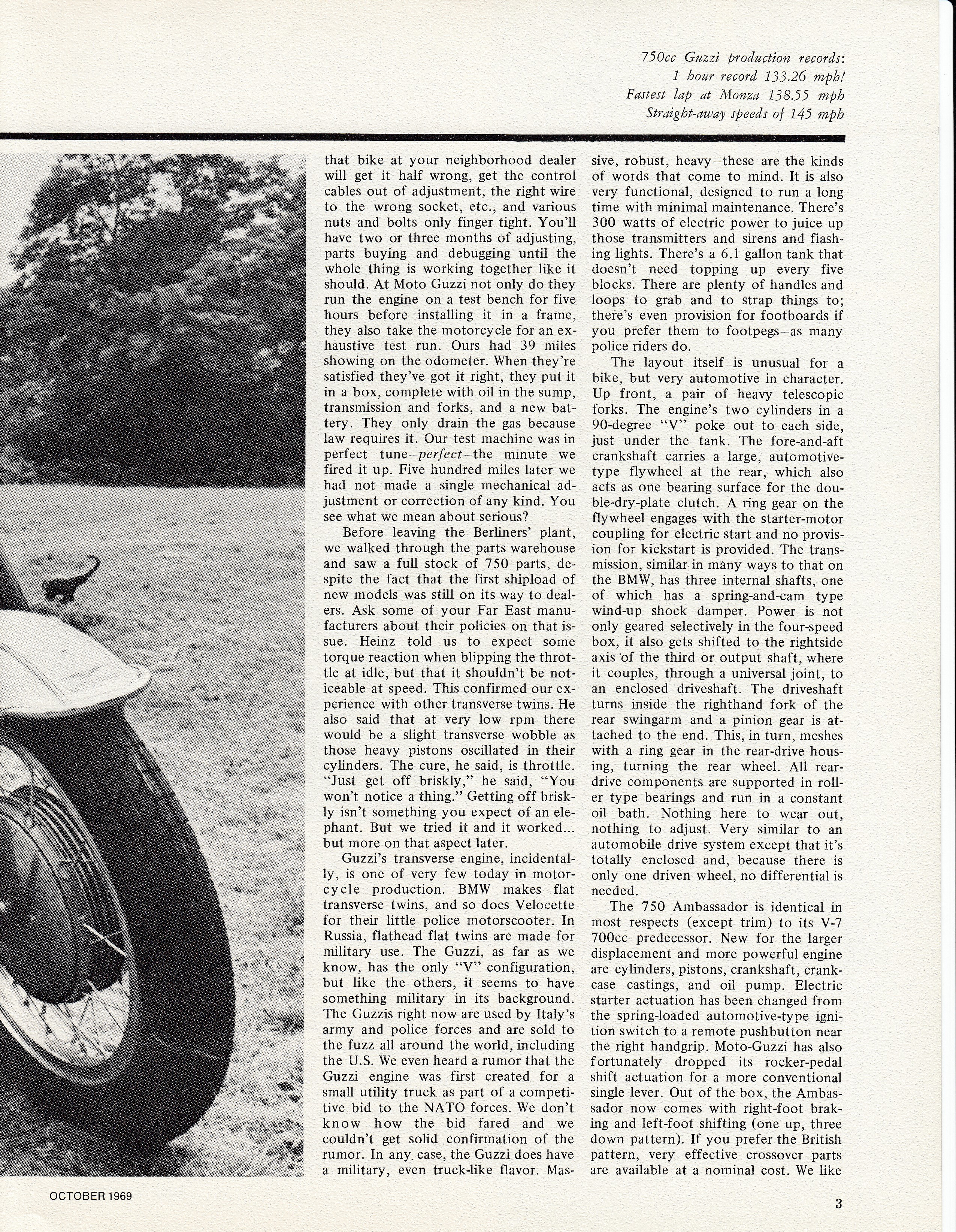 Moto Guzzi Ambassador factory brochure of magazine reviews, Page 3 of 16.
