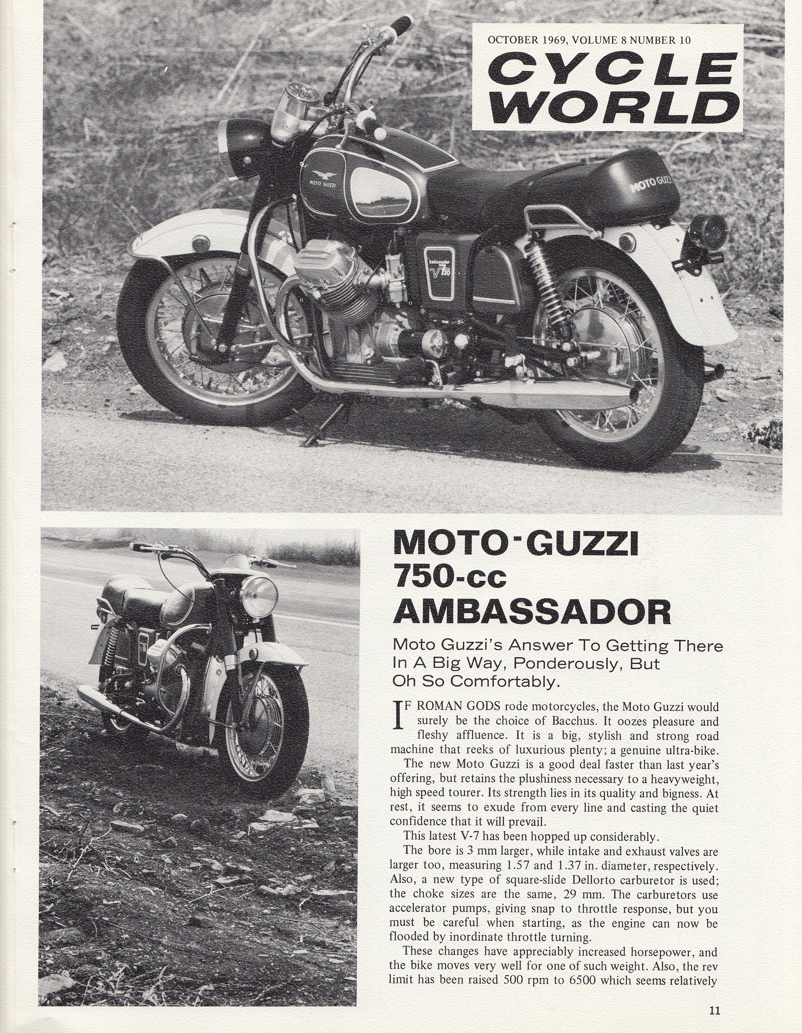 Moto Guzzi Ambassador factory brochure of magazine reviews, Page 11 of 16.