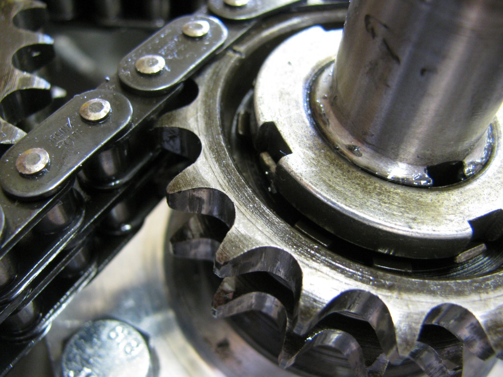 The locking tang on the crankshaft sprocket is bent into place.