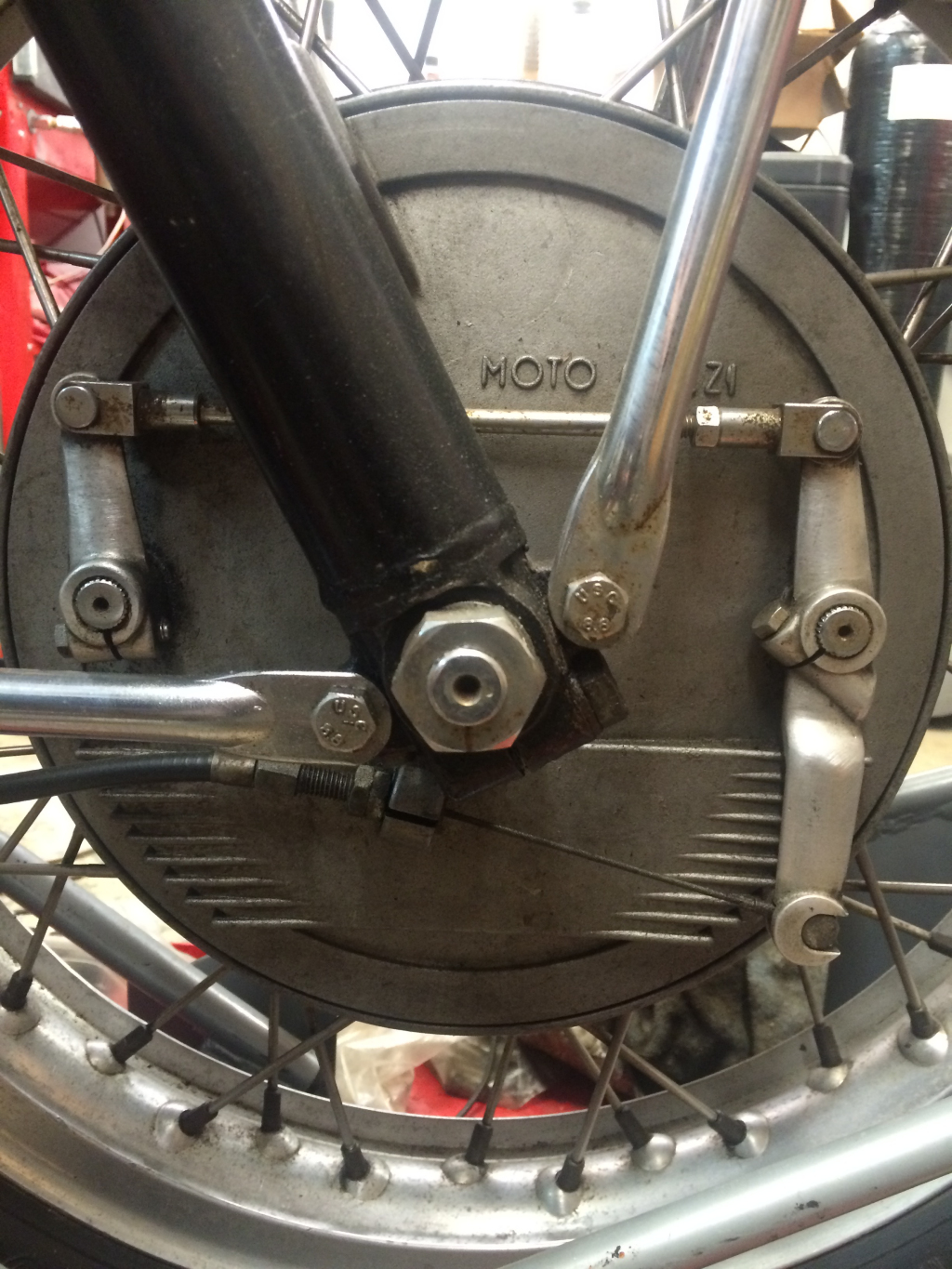 Moto Guzzi four leading shoe front brake used on late V700, Eldorado, and 850GT models.