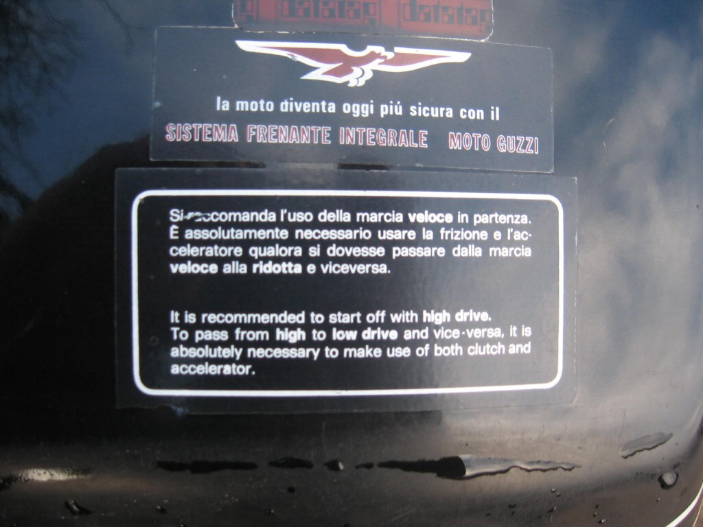 Decal as affixed to the top of a Moto Guzzi I-Convert fuel tank. Norman states: They are from a 1981 UK registered Convert but I've no way of knowing if the tank is original to that bike.