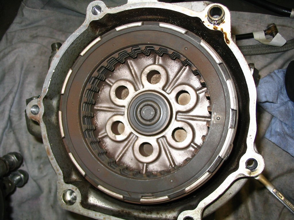 With the converter cover removed and the clutch input hub disassembled, I turned my attention to the 2 speed gearbox. Here is the stack of clutch plates installed.
