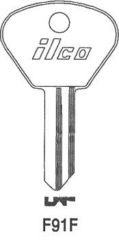 Ilco F91F key blank. Note: The key pattern shown is the keyhole that the key goes into, not the view from the tip of the key.