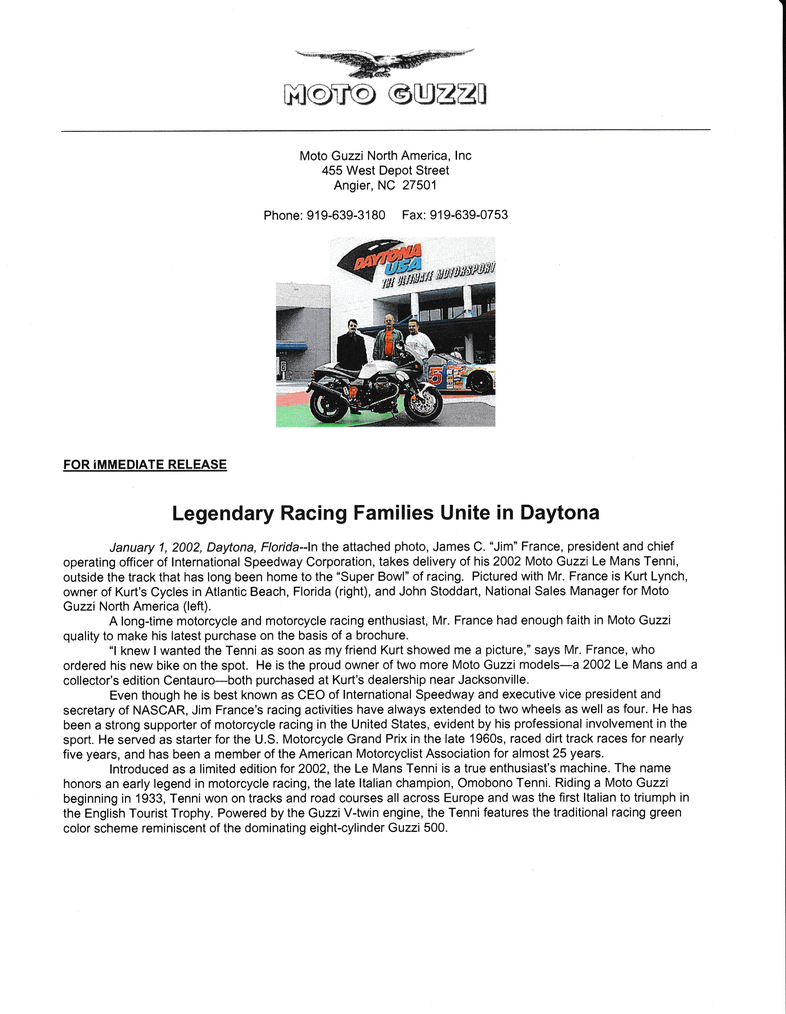Press release - Legendary racing families unite in Daytona (2002 January 01)