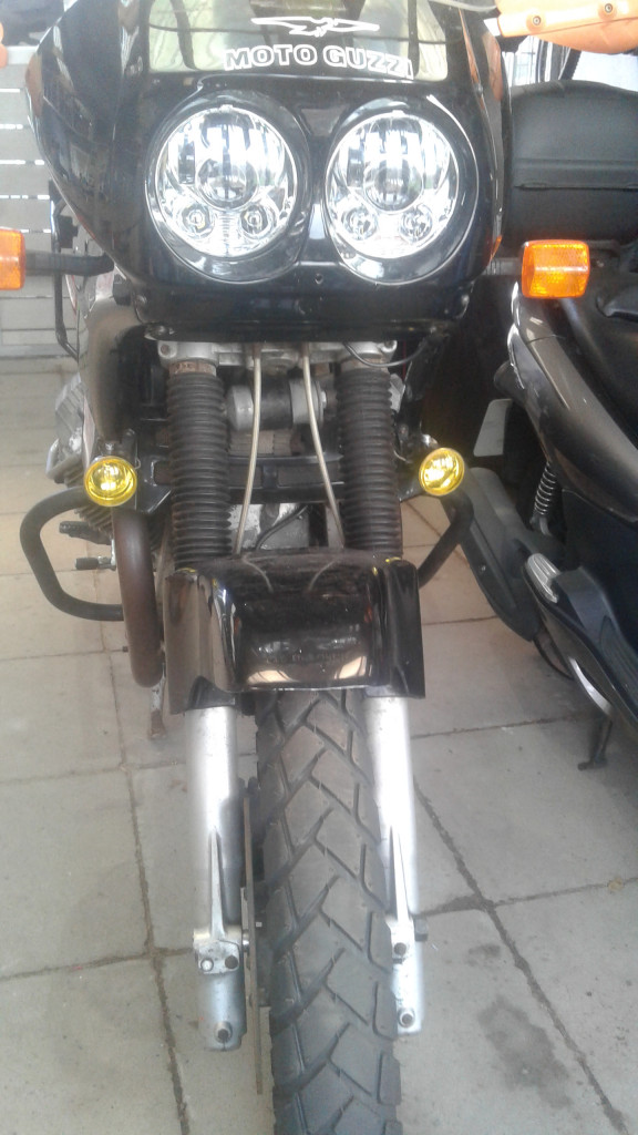 Custom bracket to fit LED lights on a Moto Guzzi Quota 1000 (or Quota 1100 fit with a Quota 1000 fairing)