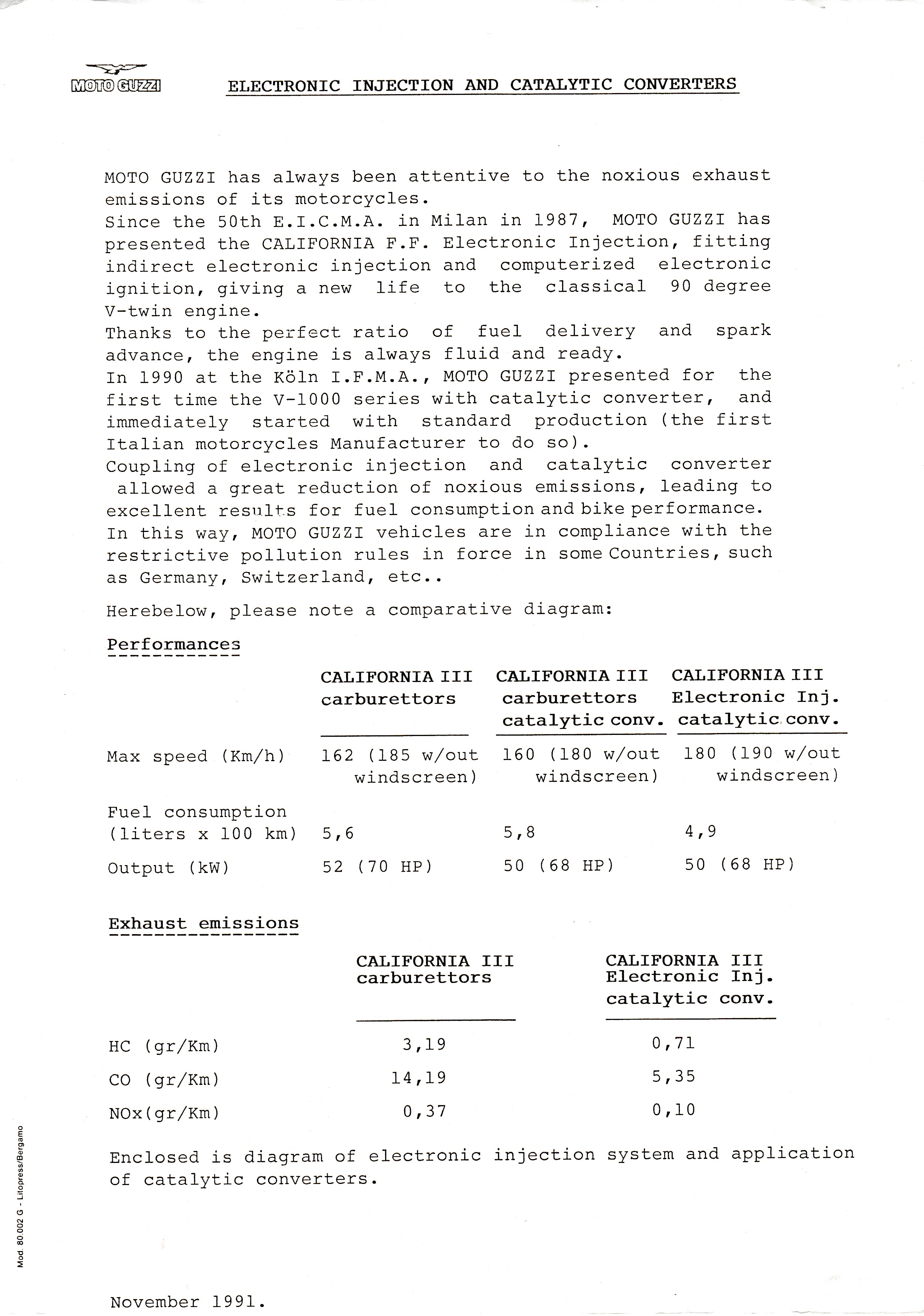 Press release - Moto Guzzi electronic injection and catalytic converters (1991 November)