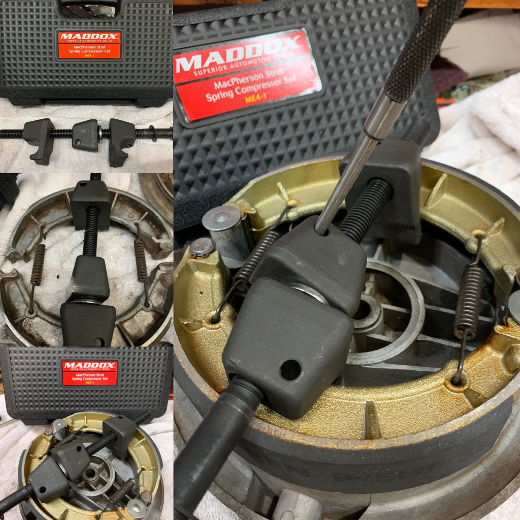 Using a MacPherson Strut Spring Compressor to spread brake shoes on Moto Guzzi V700, V7 Special, Ambassador, 850 GT, 850 GT California, Eldorado, and 850 California Police models.
