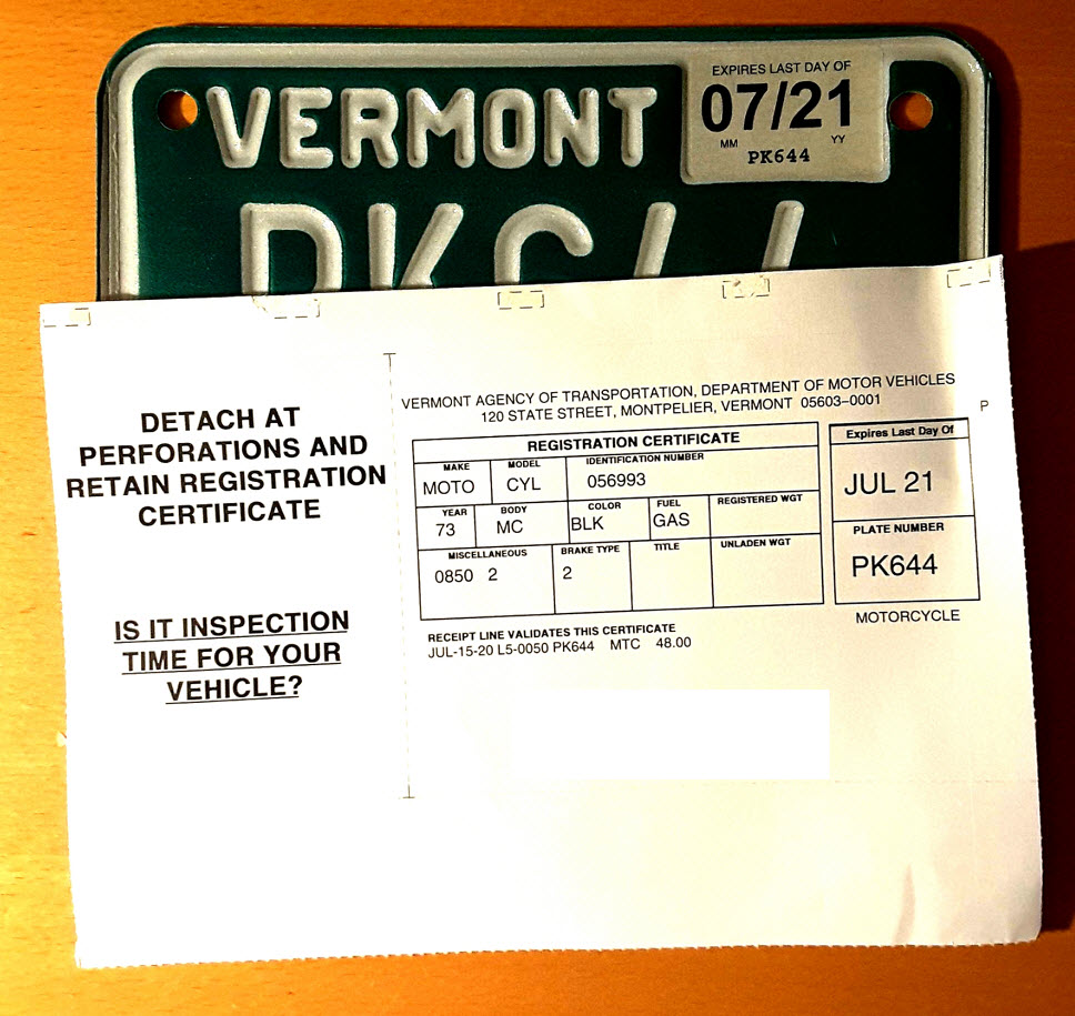 Vermont license plate and registration.