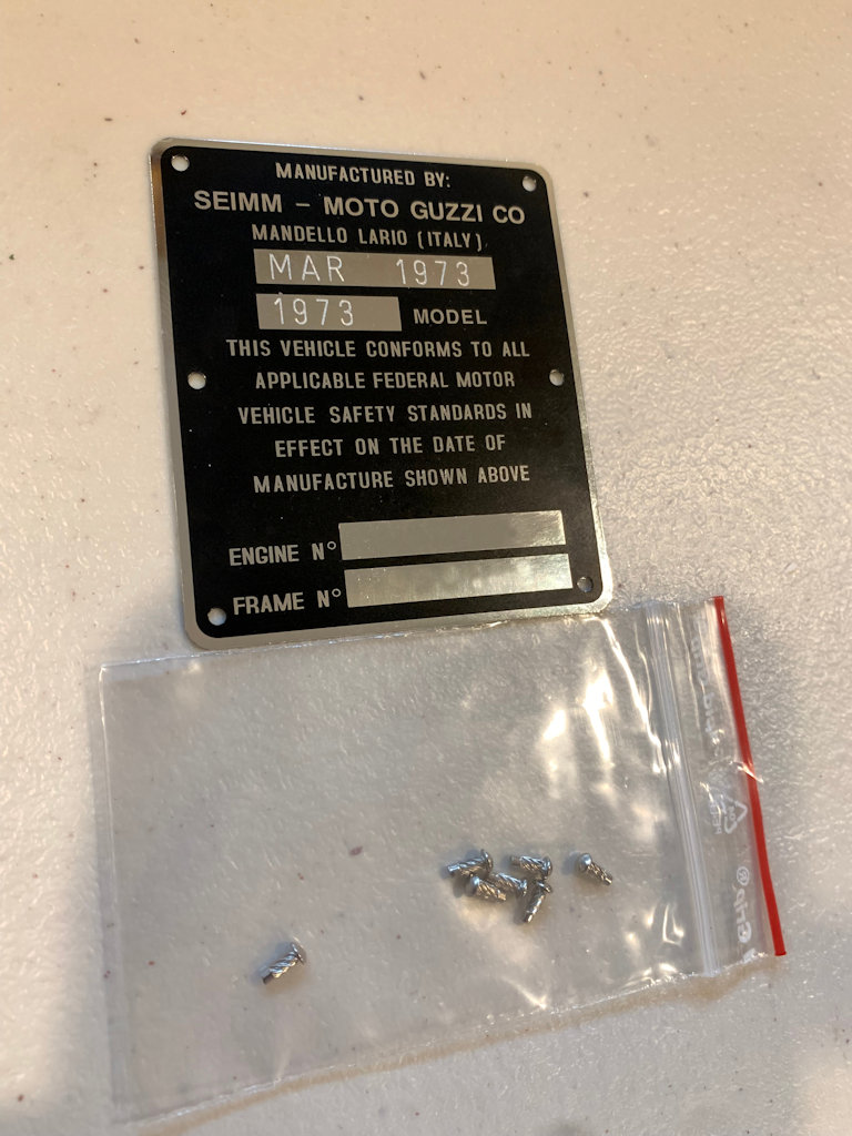 Replacement VIN tag from khneisser. Applicable to Moto Guzzi V700, V7 Special, Ambassador, 850 GT, 850 GT California, Eldorado, and 850 California Police models.