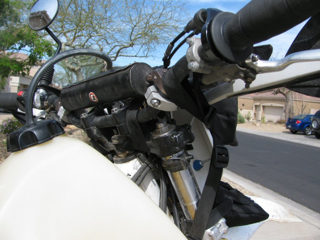 Tusk T-10 Aluminum, CR Mid Bend handlebars mounted on a 1993 Suzuki DR350.