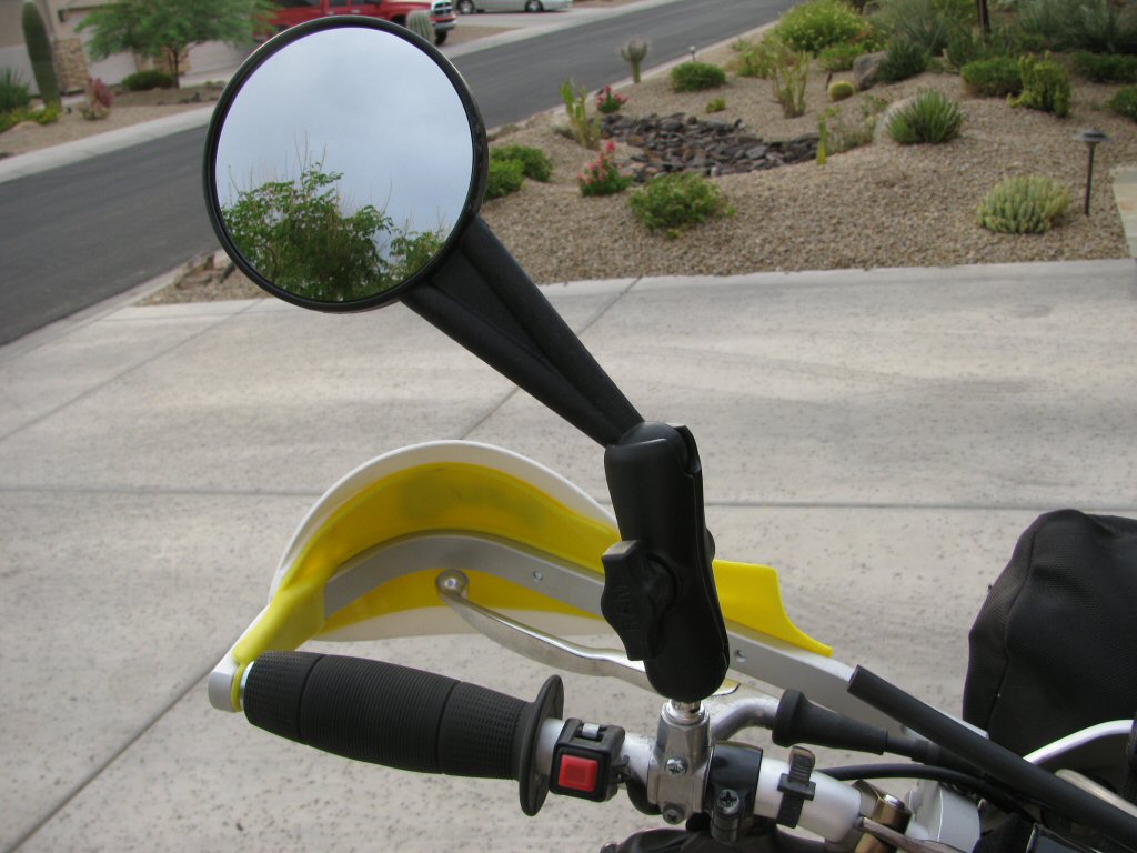 Ram mount mirror fit to a 1993 Suzuki DR350 motorcycle.
