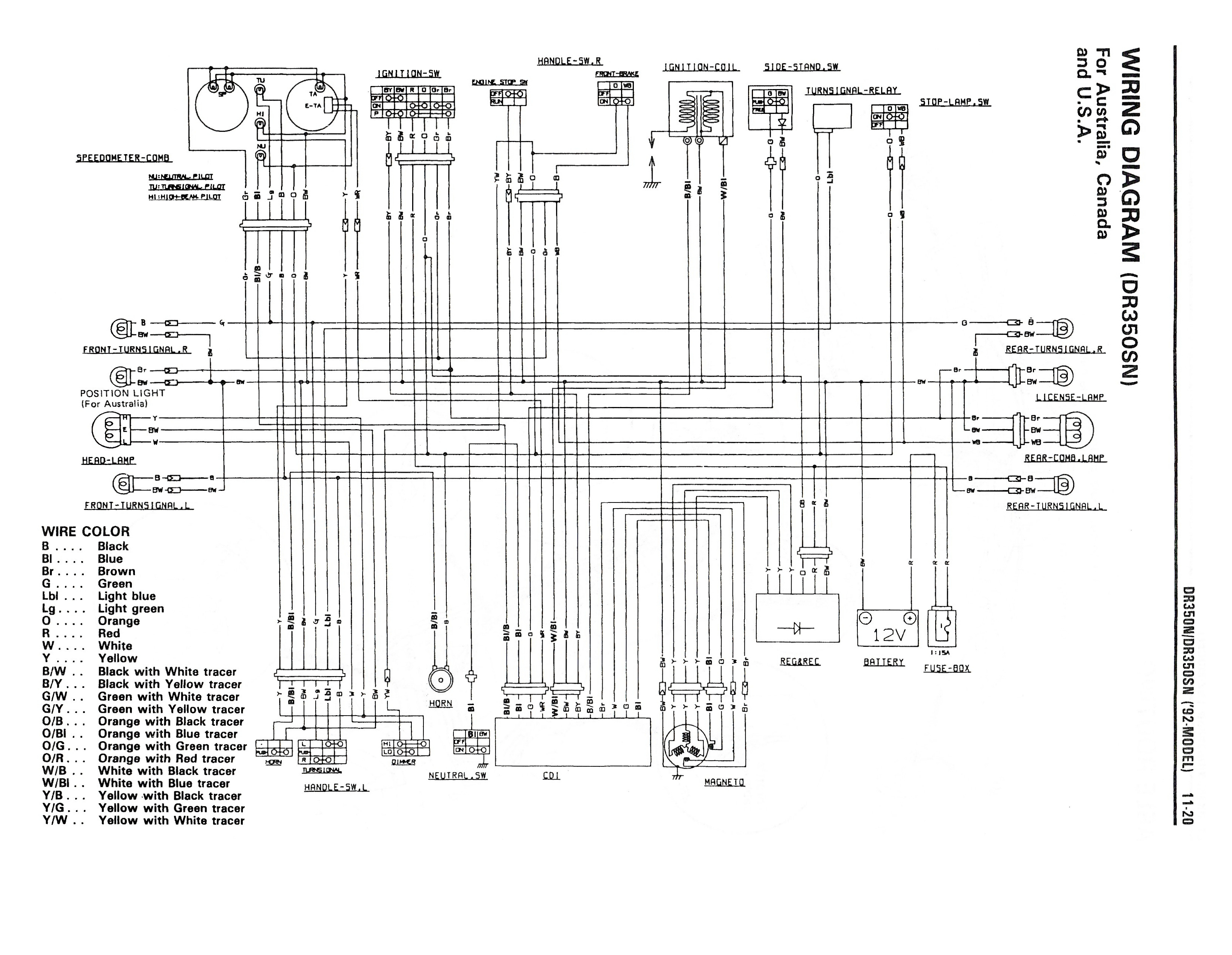 Wiring diagram for the DR350 S (1992 and later models - Australia