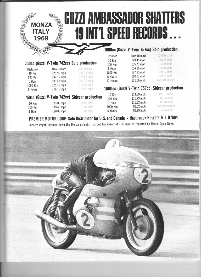 Moto Guzzi advertisement: Guzzi Ambassador Shatters 19 International Speed Records. Originally appeared in the 1970 Daytona 200 souvenir program.