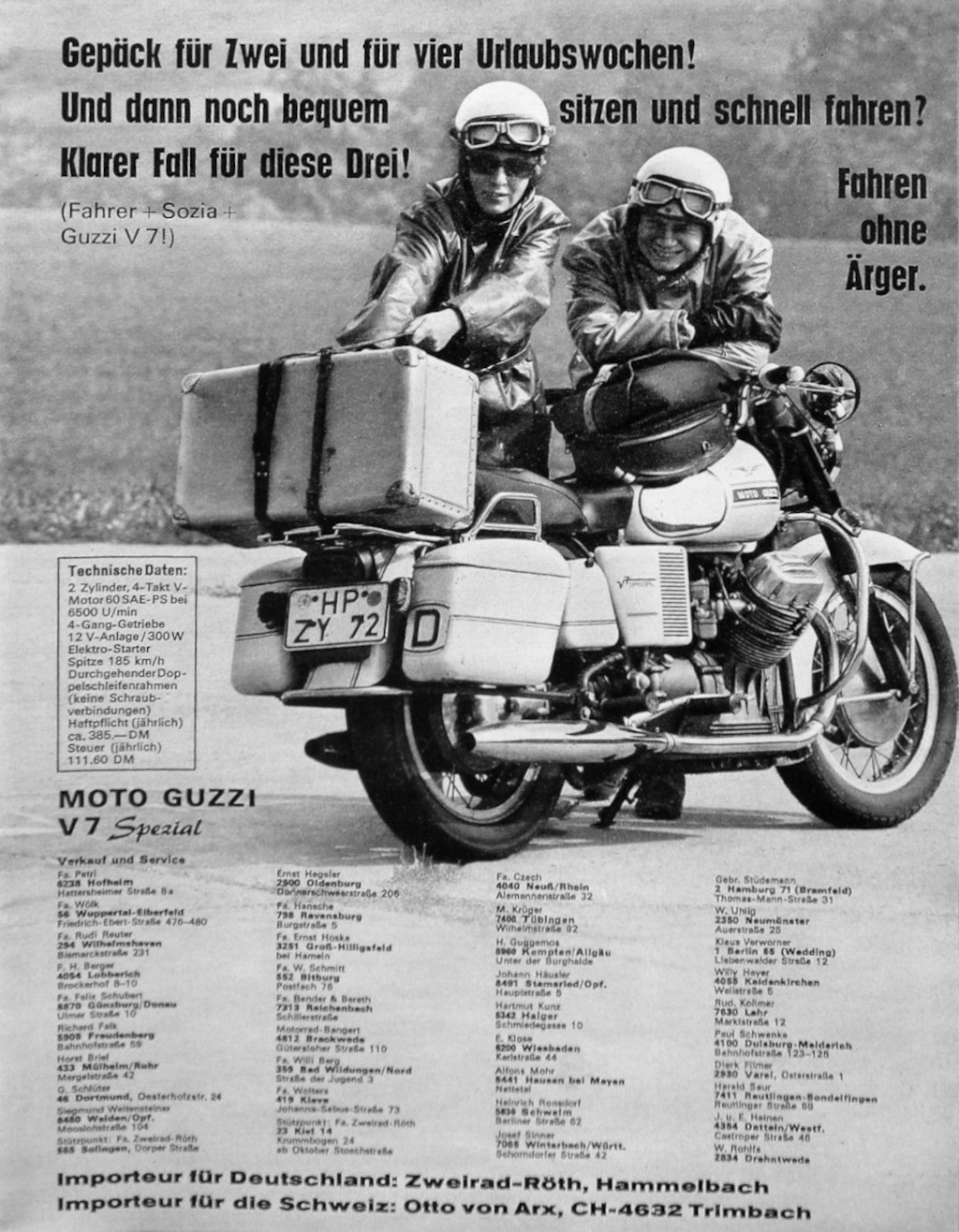 Moto Guzzi advertisement: Gepäck für zwei und für vier urlaubswochen! (1970's)