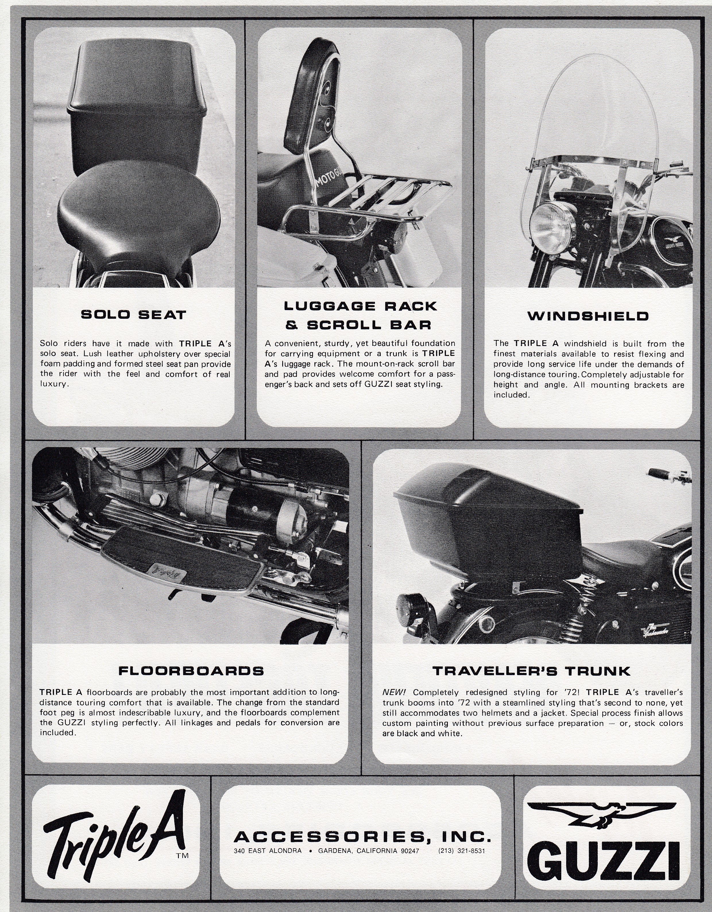 Moto Guzzi advertisement: Triple A accessories for Moto Guzzi motorcycles.