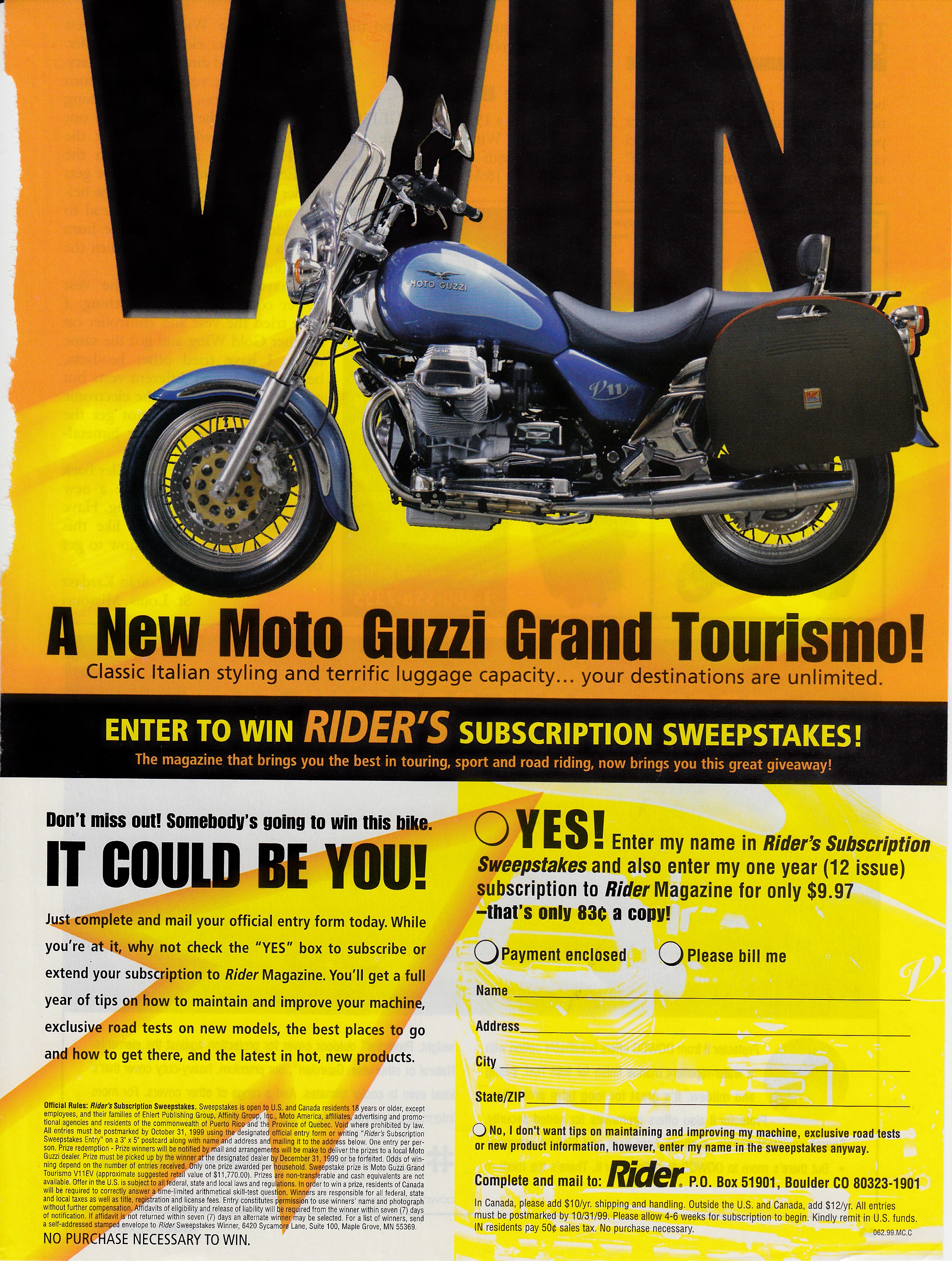 Moto Guzzi advertisement: Win a V11 EV (1999 September)