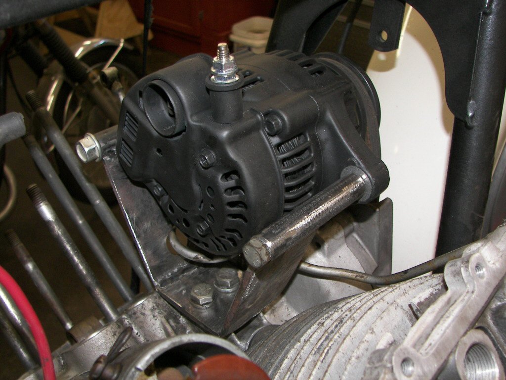 Kevin Hahn's (of Scrambler Cycle) alternator conversion. Applicable to Moto Guzzi V700, V7 Special, Ambassador, 850 GT, 850 GT California, Eldorado, and 850 California Police motorcycles.