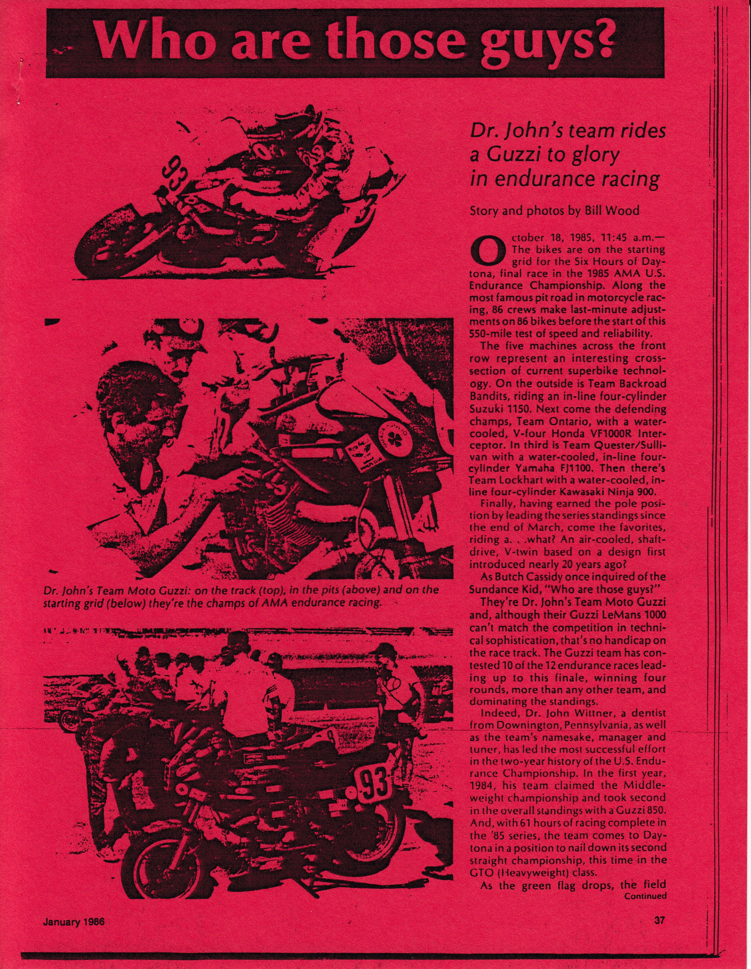 Article - American Motorcyclist (1986 January) Who are those guys? Dr. John's team rides a Guzzi to glory in endurance racing