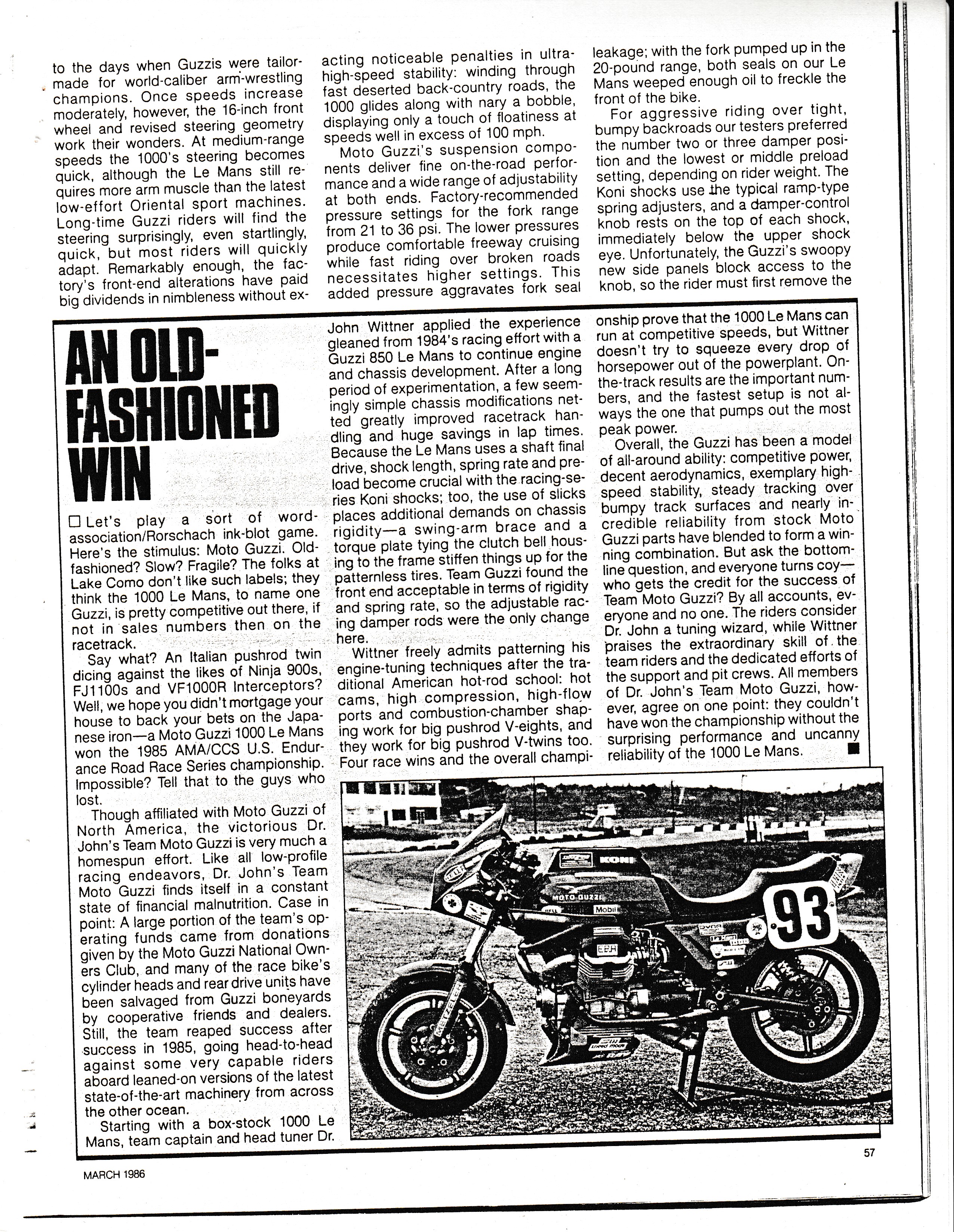 Article - Cycle (1986 March) Moto Guzzi Le Mans 1000 (with a sidebar about Dr. John Wittner)