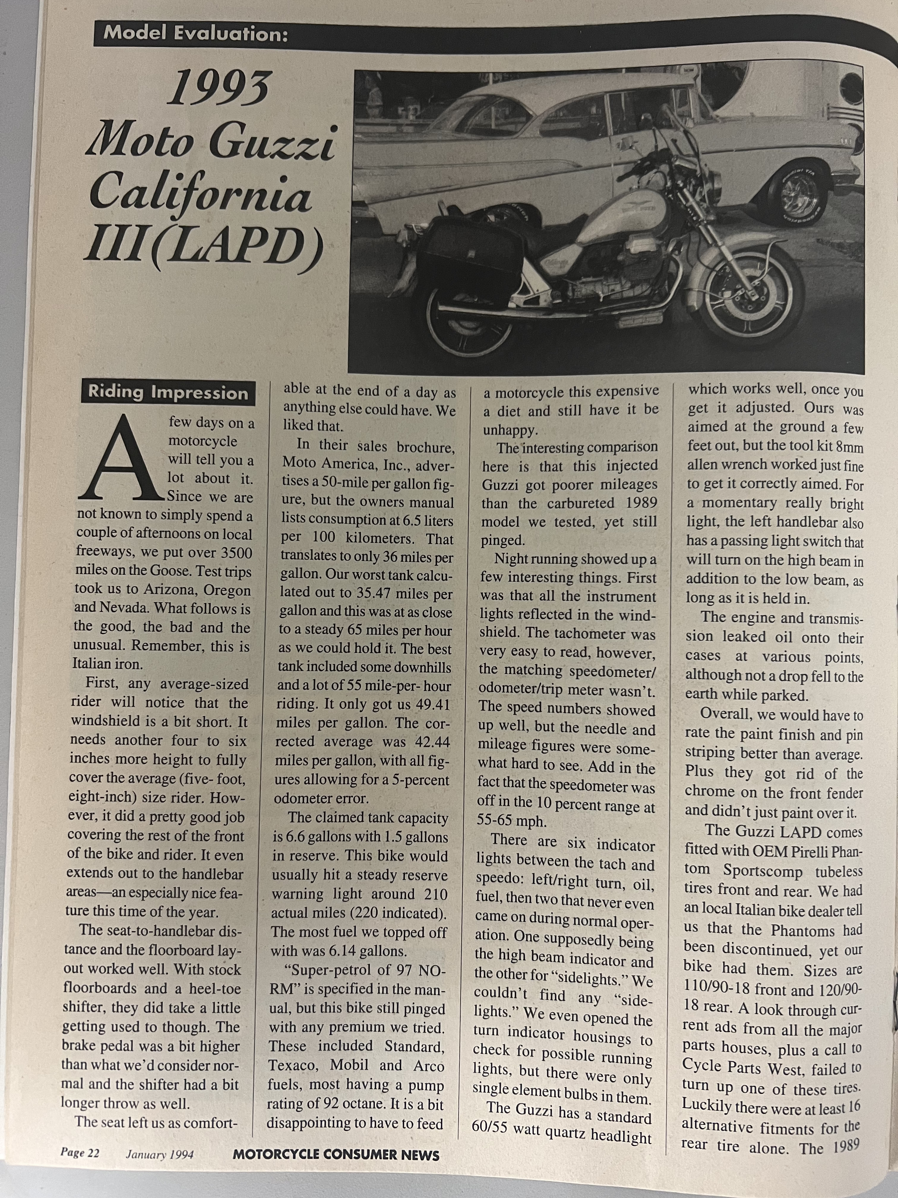 Article - Motorcycle Consumer News (1994 January) 1993 Moto Guzzi California III (LAPD)