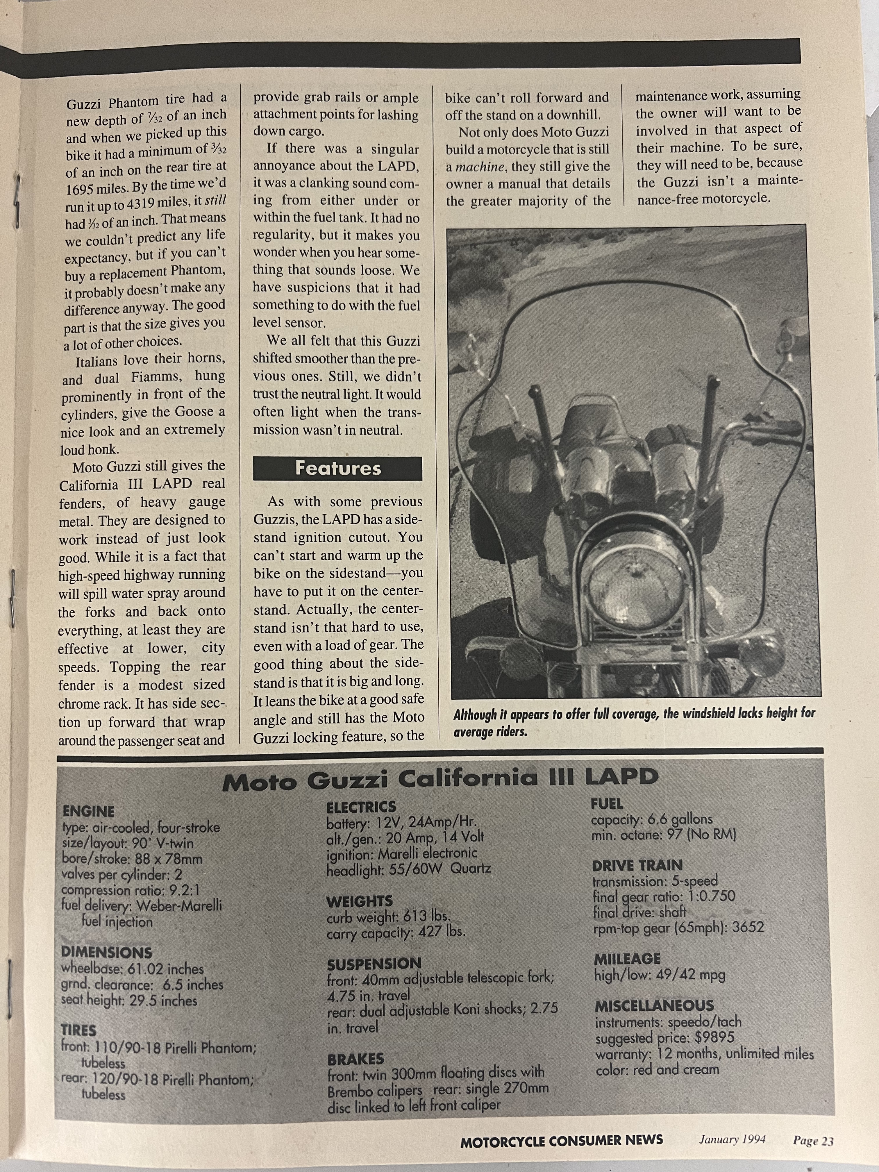 Article - Motorcycle Consumer News (1994 January) 1993 Moto Guzzi California III (LAPD)
