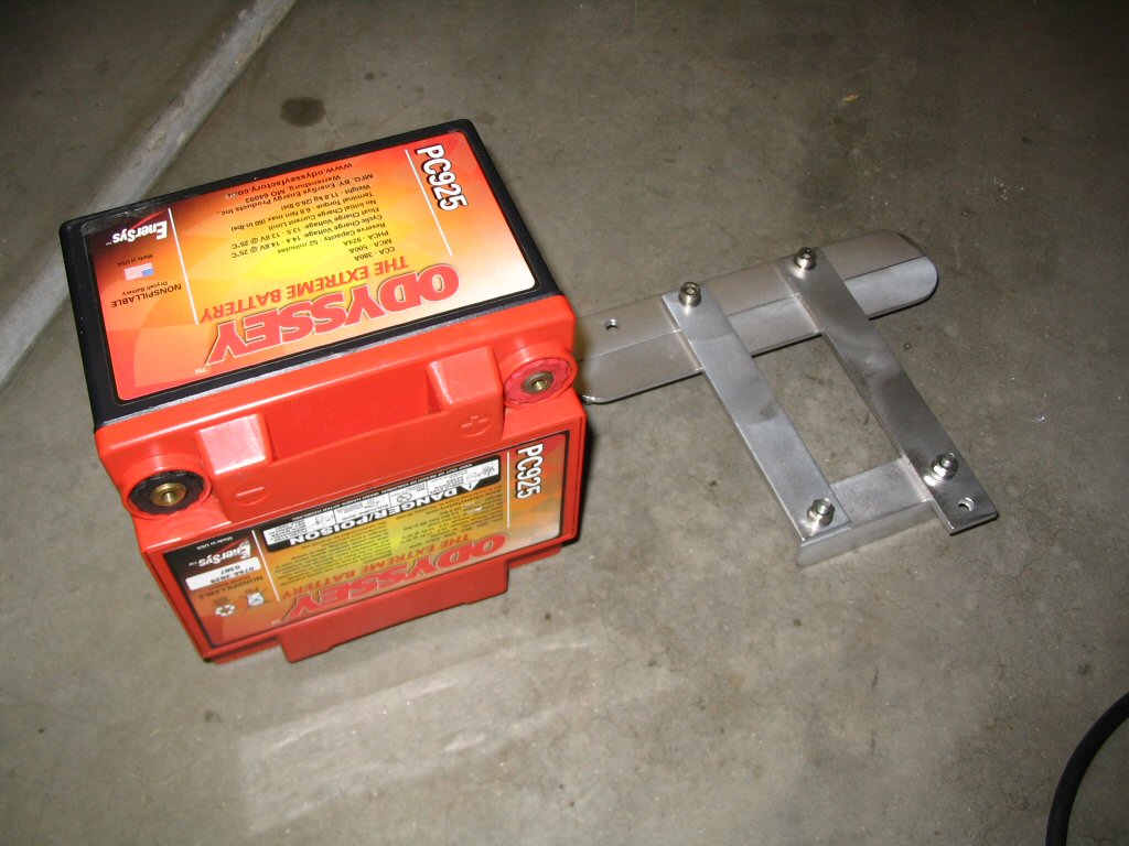 Odyssey PC925 battery and hold down bracket. Applicable to Moto Guzzi V700, V7 Special, Ambassador, 850 GT, 850 GT California, Eldorado, and 850 California Police motorcycles.