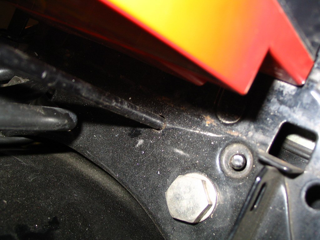 A close up view of the L-shaped bolt in the reversed position on the right side. Applicable to Moto Guzzi V700, V7 Special, Ambassador, 850 GT, 850 GT California, Eldorado, and 850 California Police motorcycles.