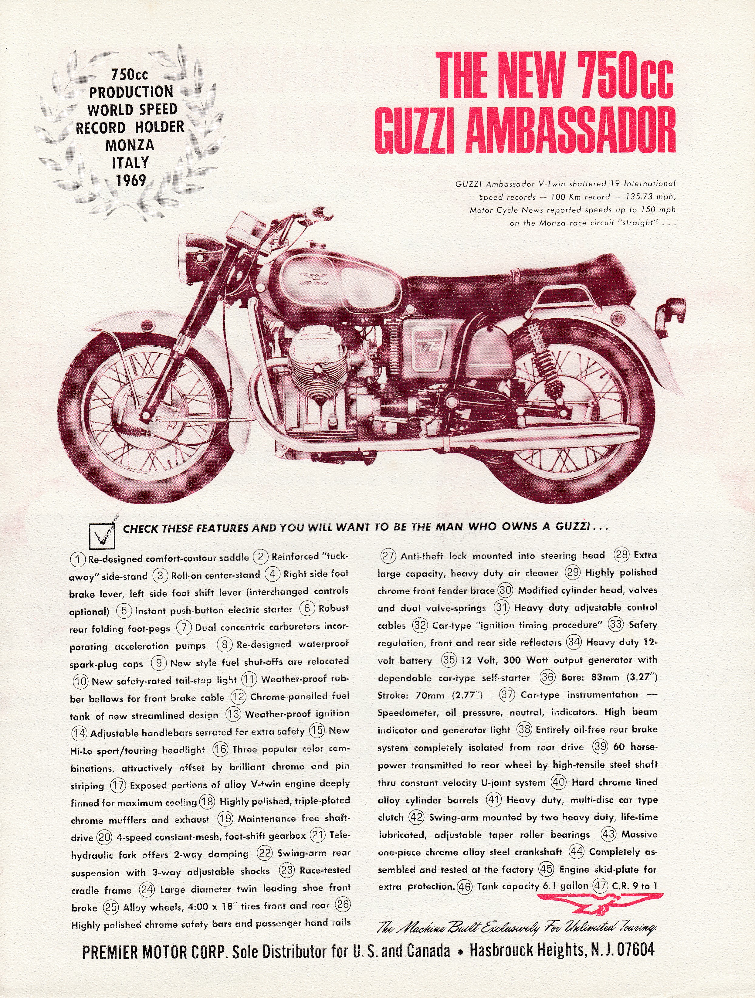 Moto Guzzi Ambassador Factory Brochure, Page 1 of 2.