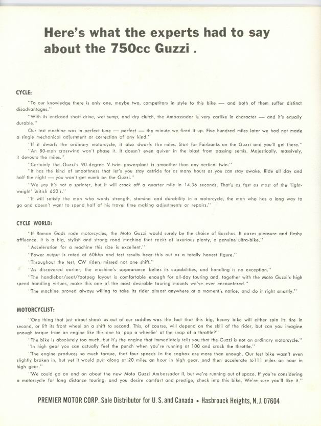 Moto Guzzi Ambassador Factory Brochure, Page 3 of 4.