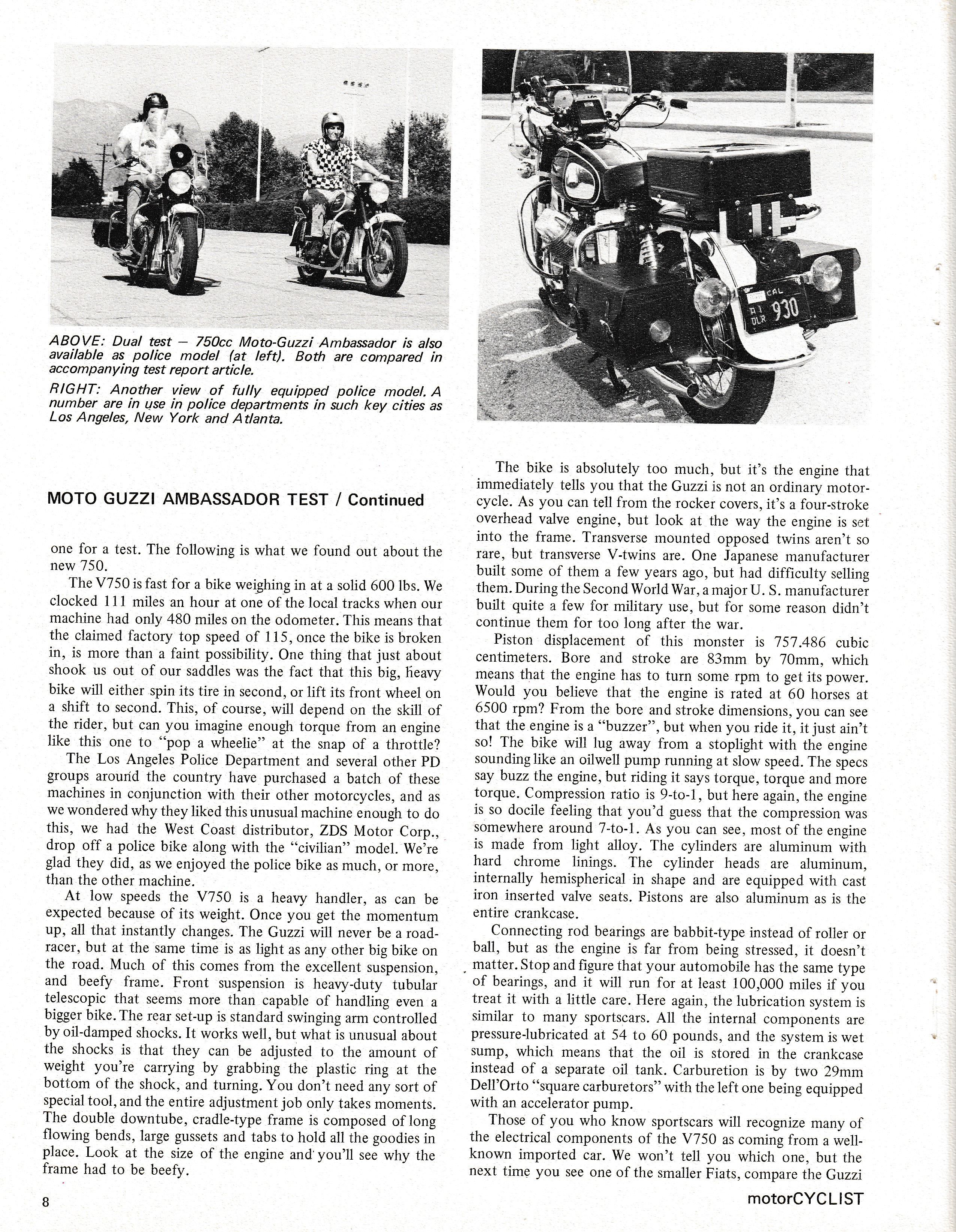 Moto Guzzi Ambassador factory brochure of magazine reviews, Page 8 of 16.