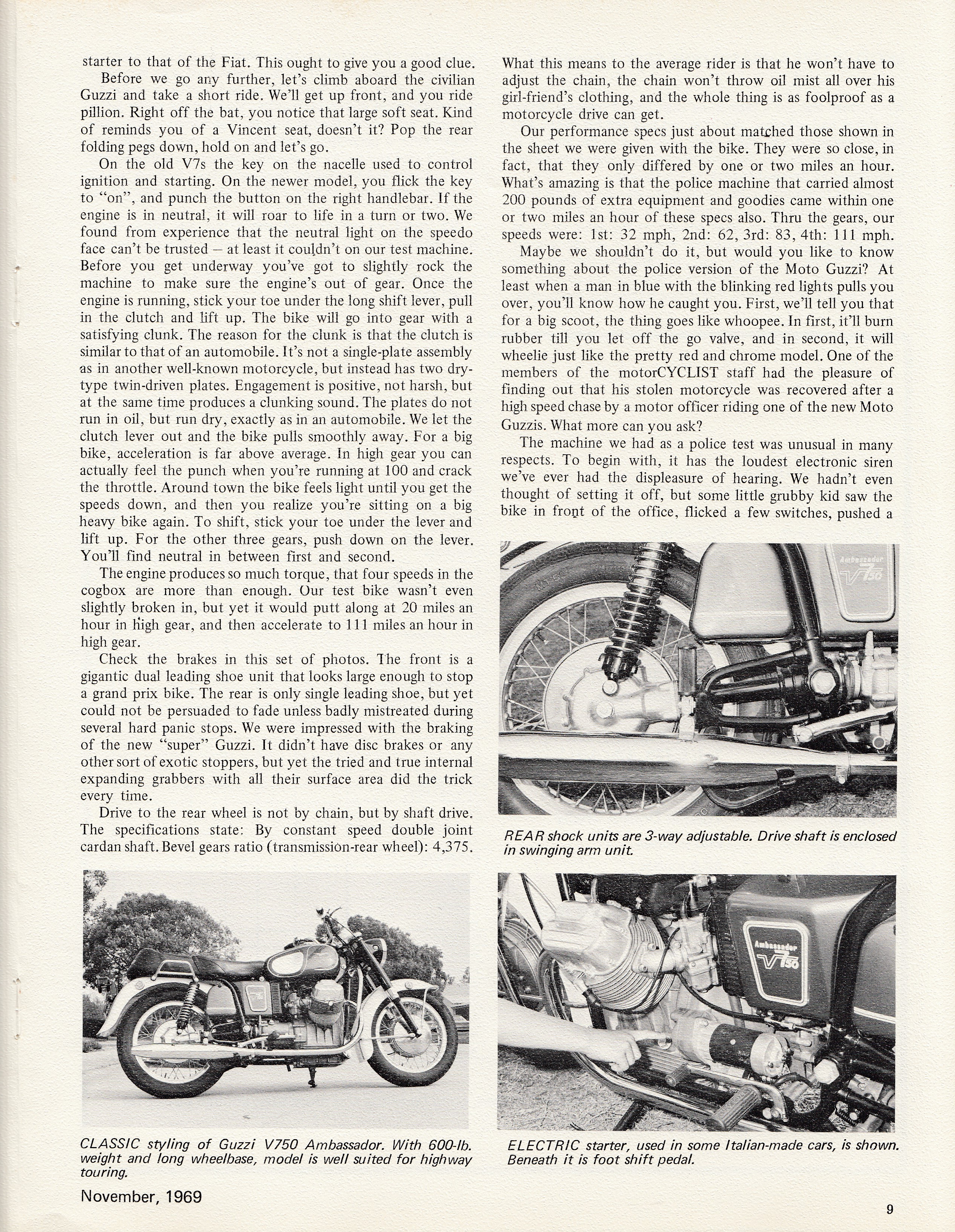 Moto Guzzi Ambassador factory brochure of magazine reviews, Page 8 of 16.