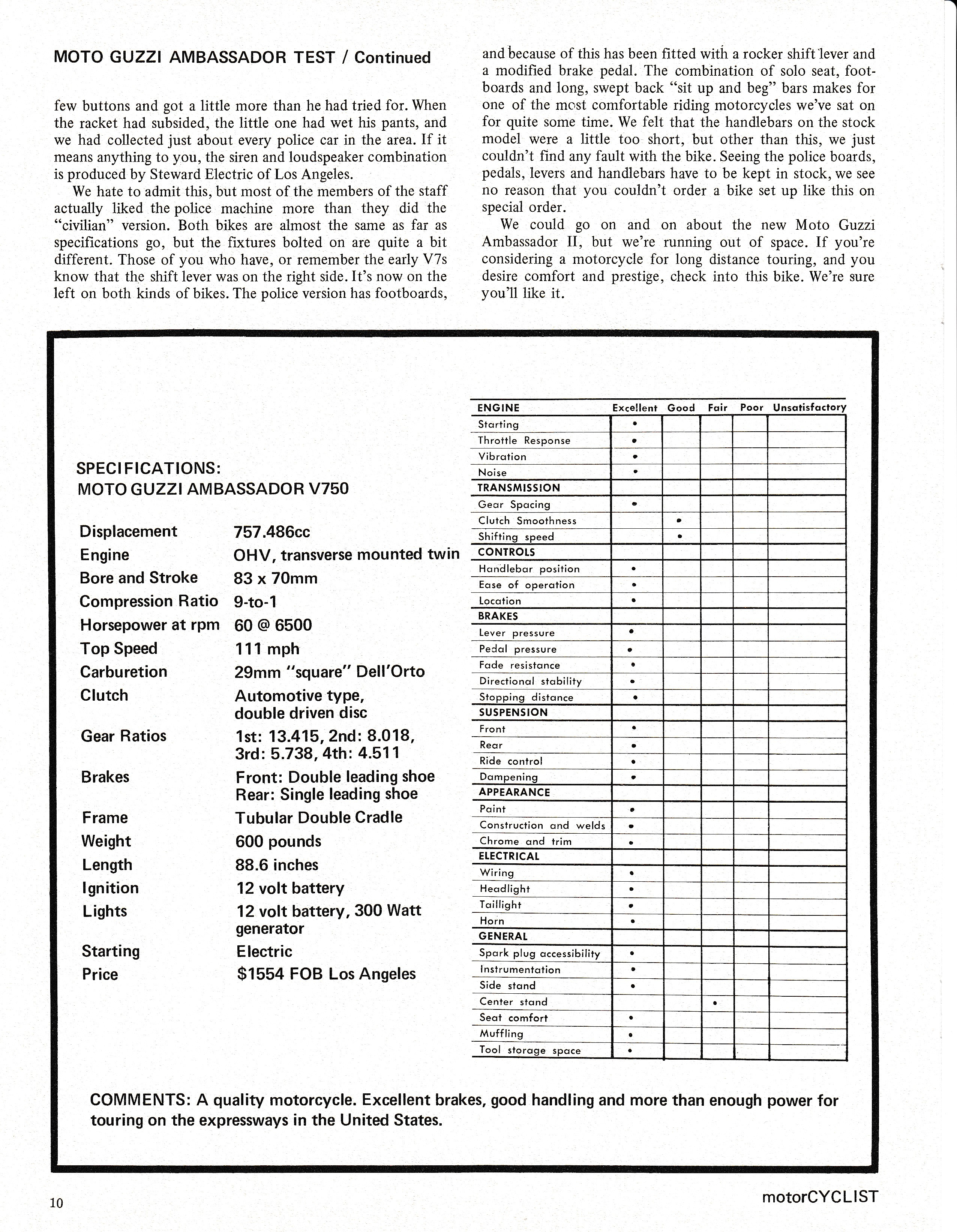 Moto Guzzi Ambassador factory brochure of magazine reviews, Page 10 of 16.