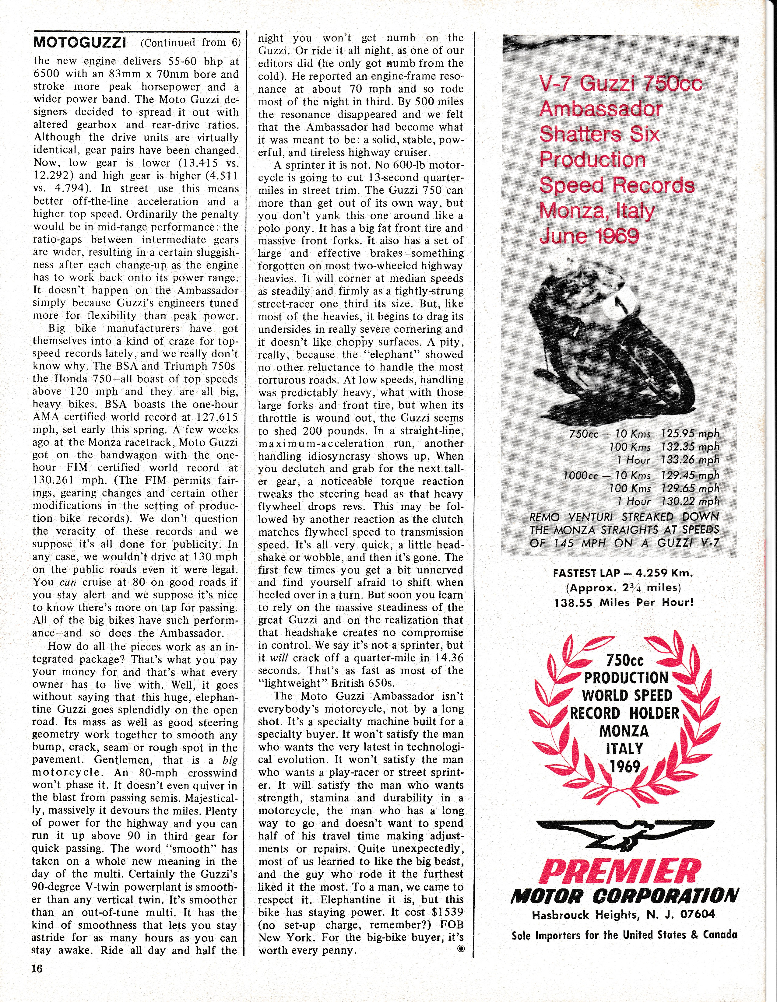 Moto Guzzi Ambassador factory brochure of magazine reviews, Page 16 of 16.