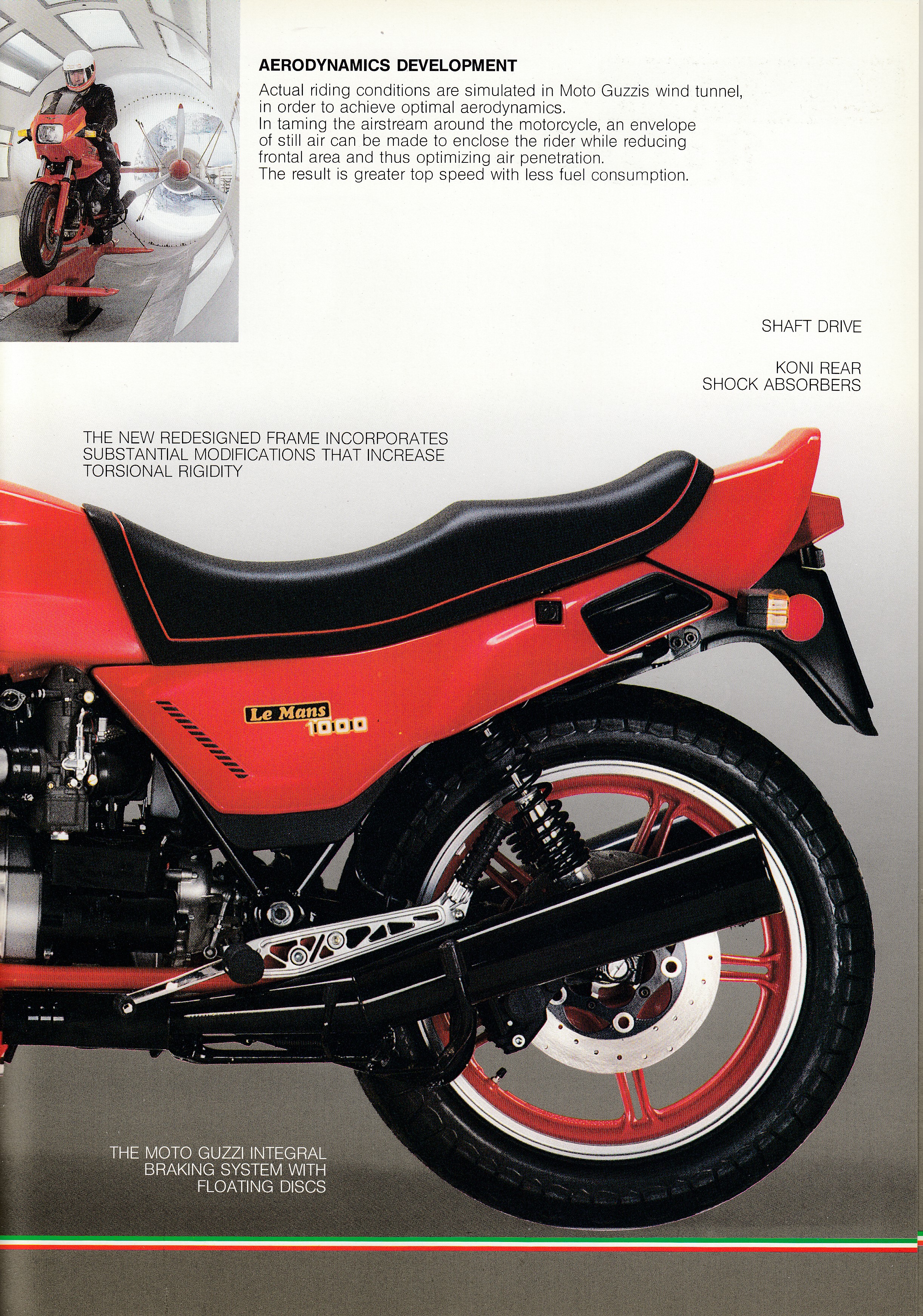 Brochure - Moto Guzzi Le Mans 1000 (red centerfold, wind tunnel on cover) [English]