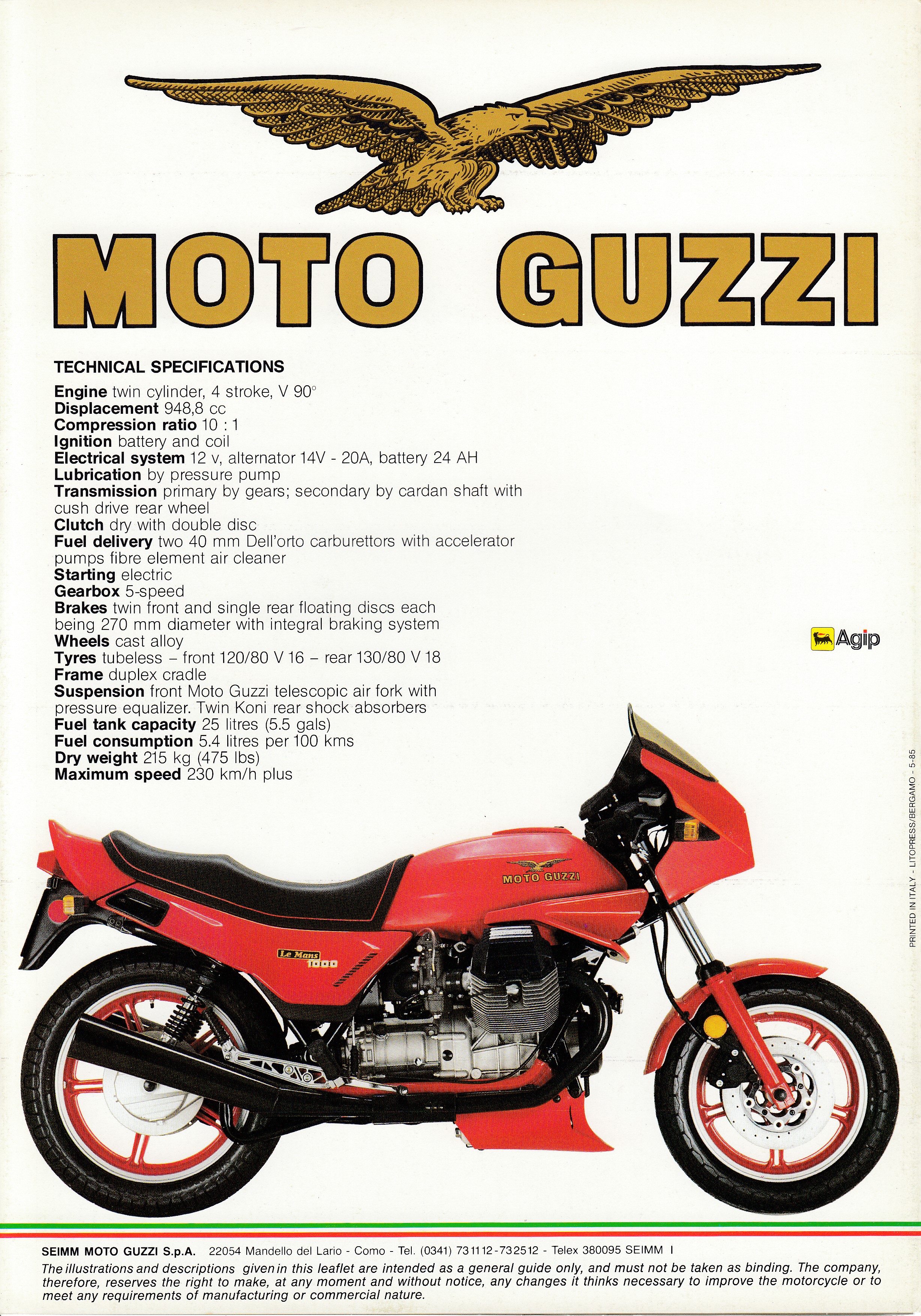 Brochure - Moto Guzzi Le Mans 1000 (red centerfold, wind tunnel on cover) [English]