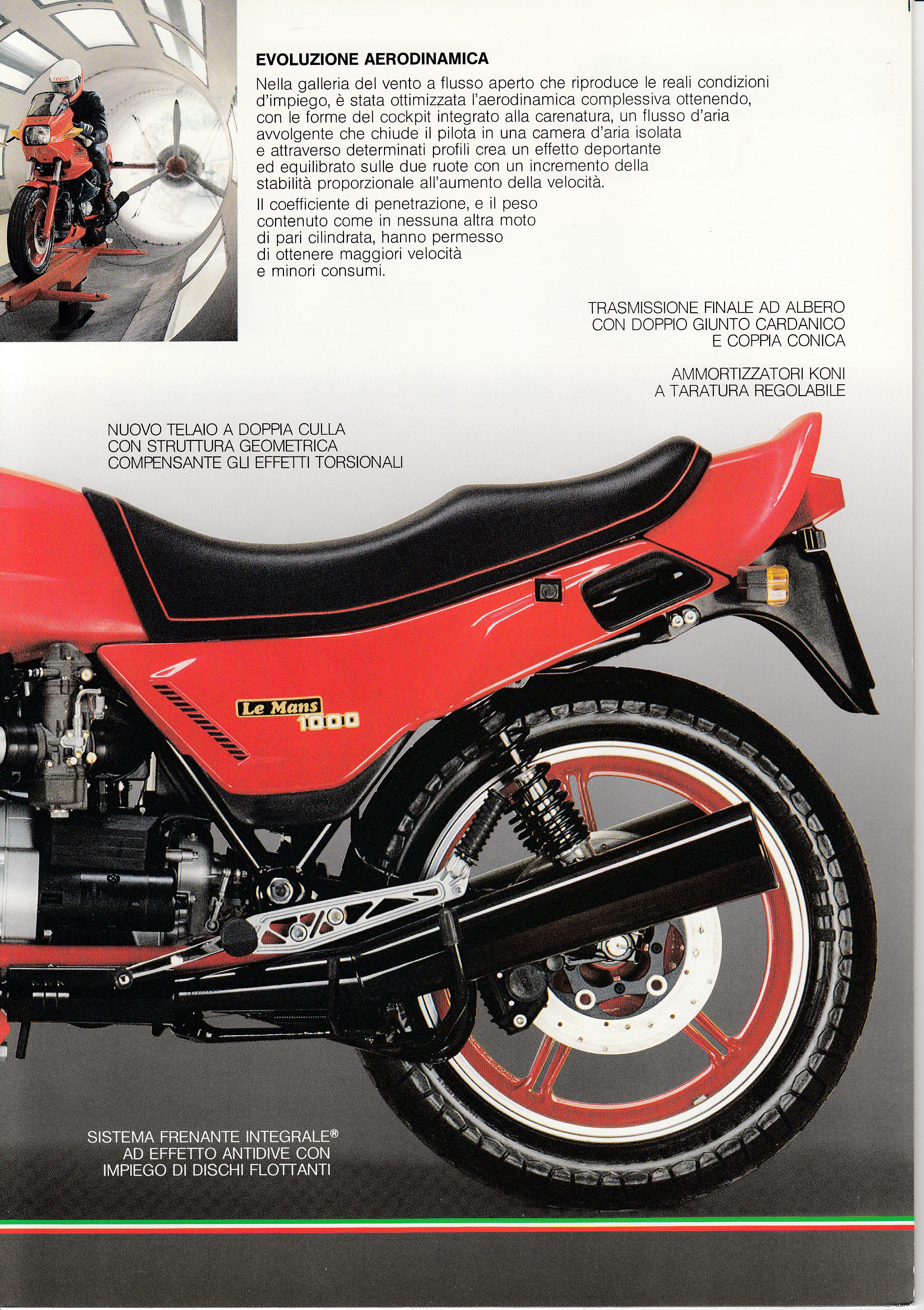 Brochure - Moto Guzzi Le Mans 1000 (red centerfold, wind tunnel on cover) [Italian]