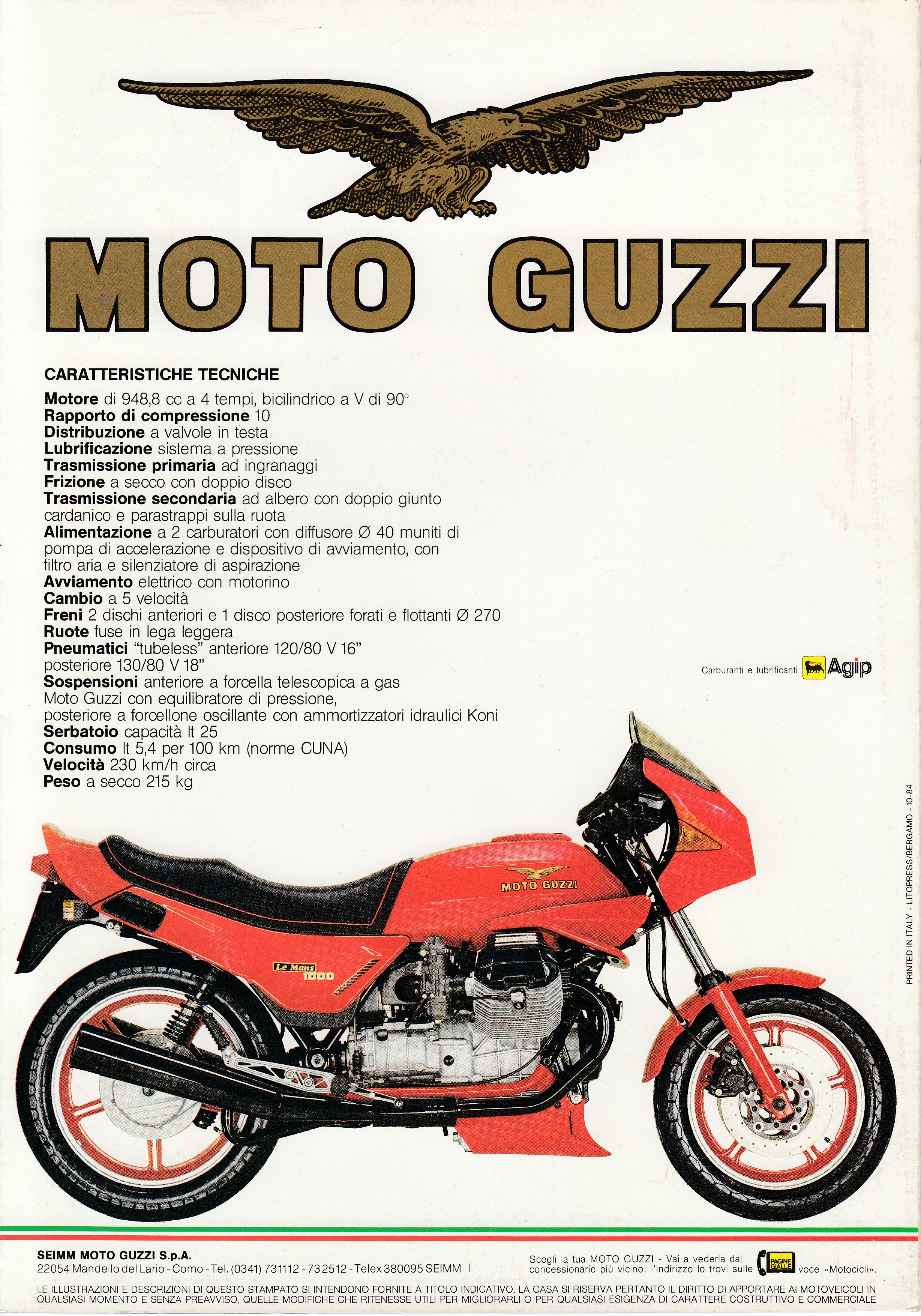 Brochure - Moto Guzzi Le Mans 1000 (red centerfold, wind tunnel on cover) [Italian]