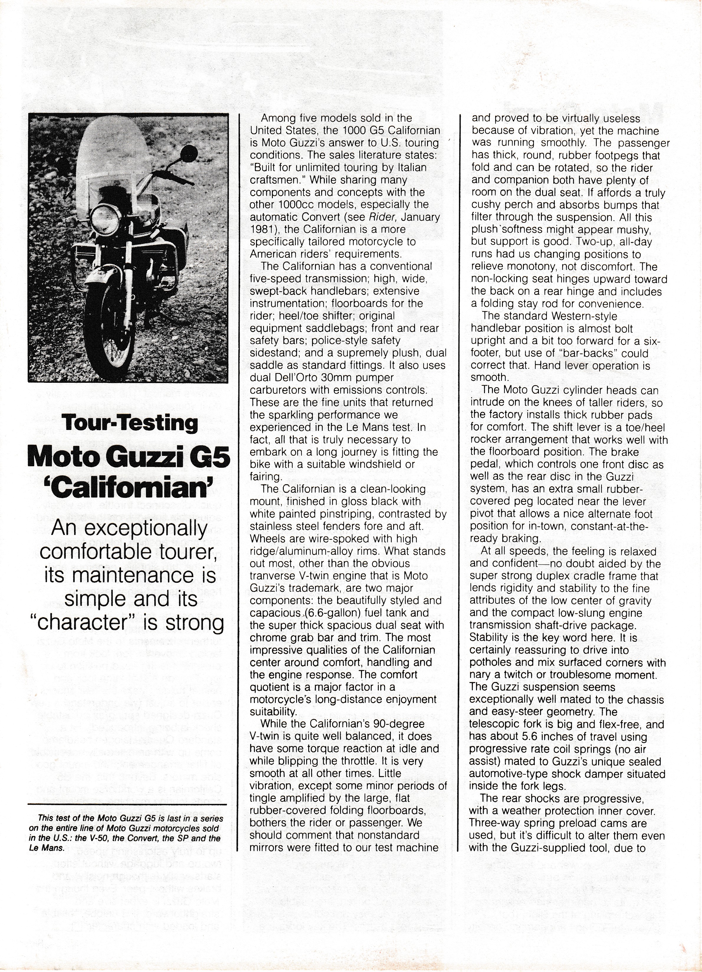 Article - Rider (1982 January) Tour-testing Moto Guzzi G5 Californian