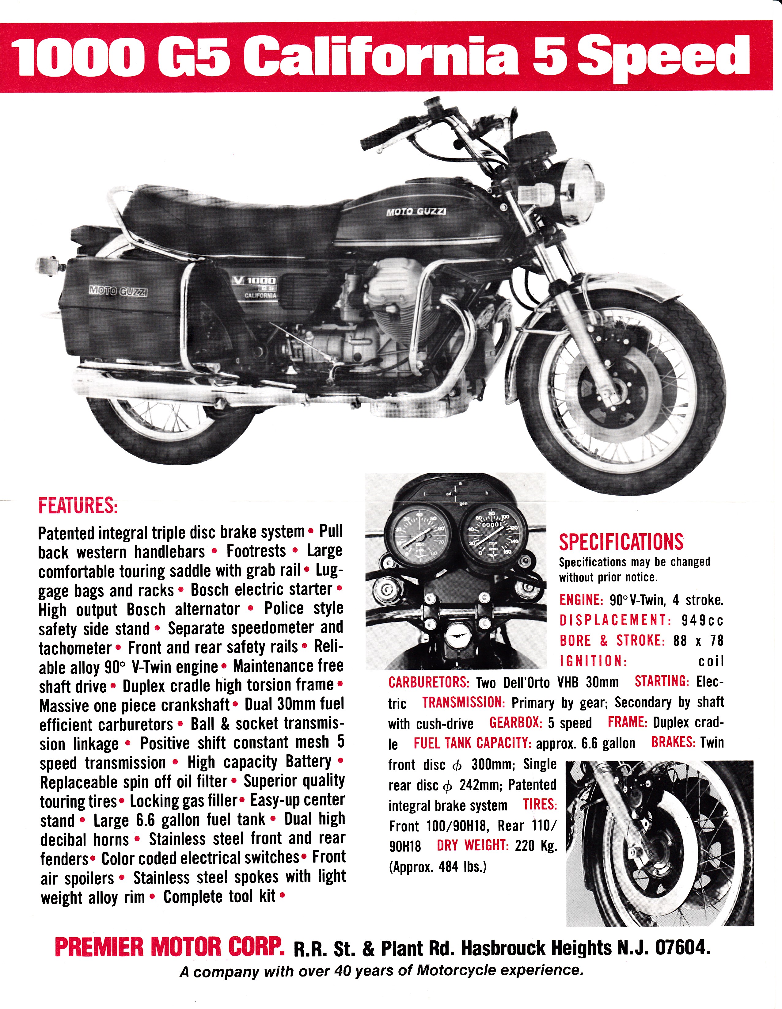 Moto Guzzi 1000 G5 California 5 Speed Motorcycle Brochure Specifications L9559 