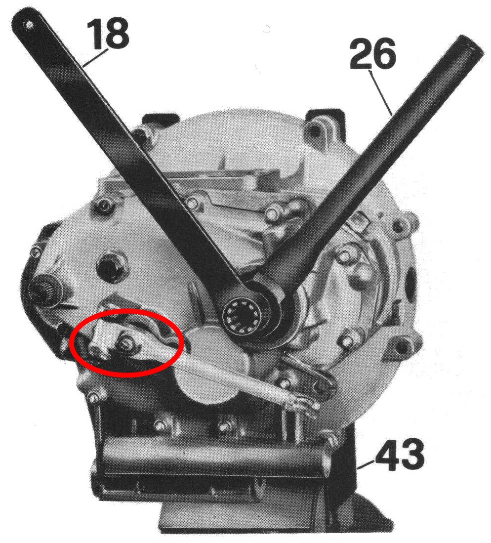 Clutch pivoting lever adjustment at the rear of a transmission on a Moto Guzzi Eldorado.