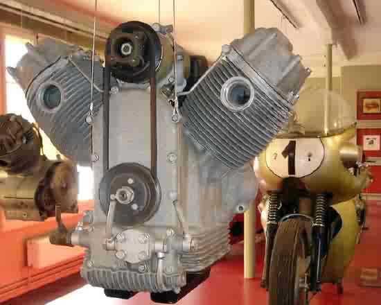 Very early Moto Guzzi big twin engine with an external oil filter. Engine displayed in the Moto Guzzi museum.