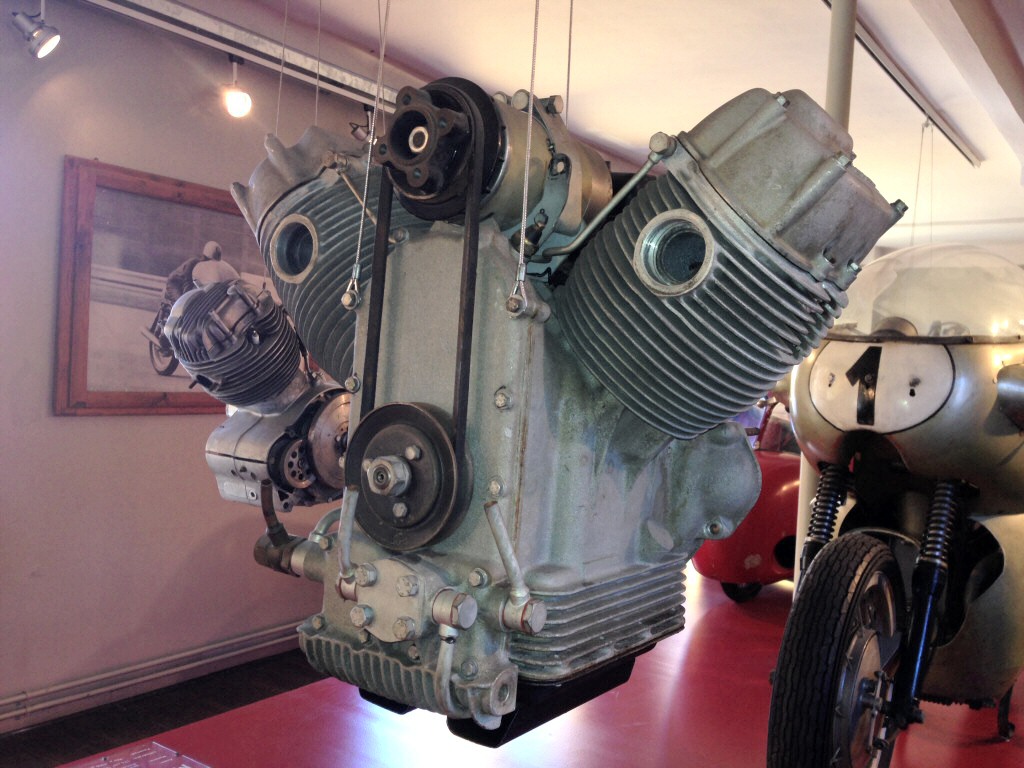 Very early Moto Guzzi big twin engine with an external oil filter. Engine displayed in the Moto Guzzi museum.