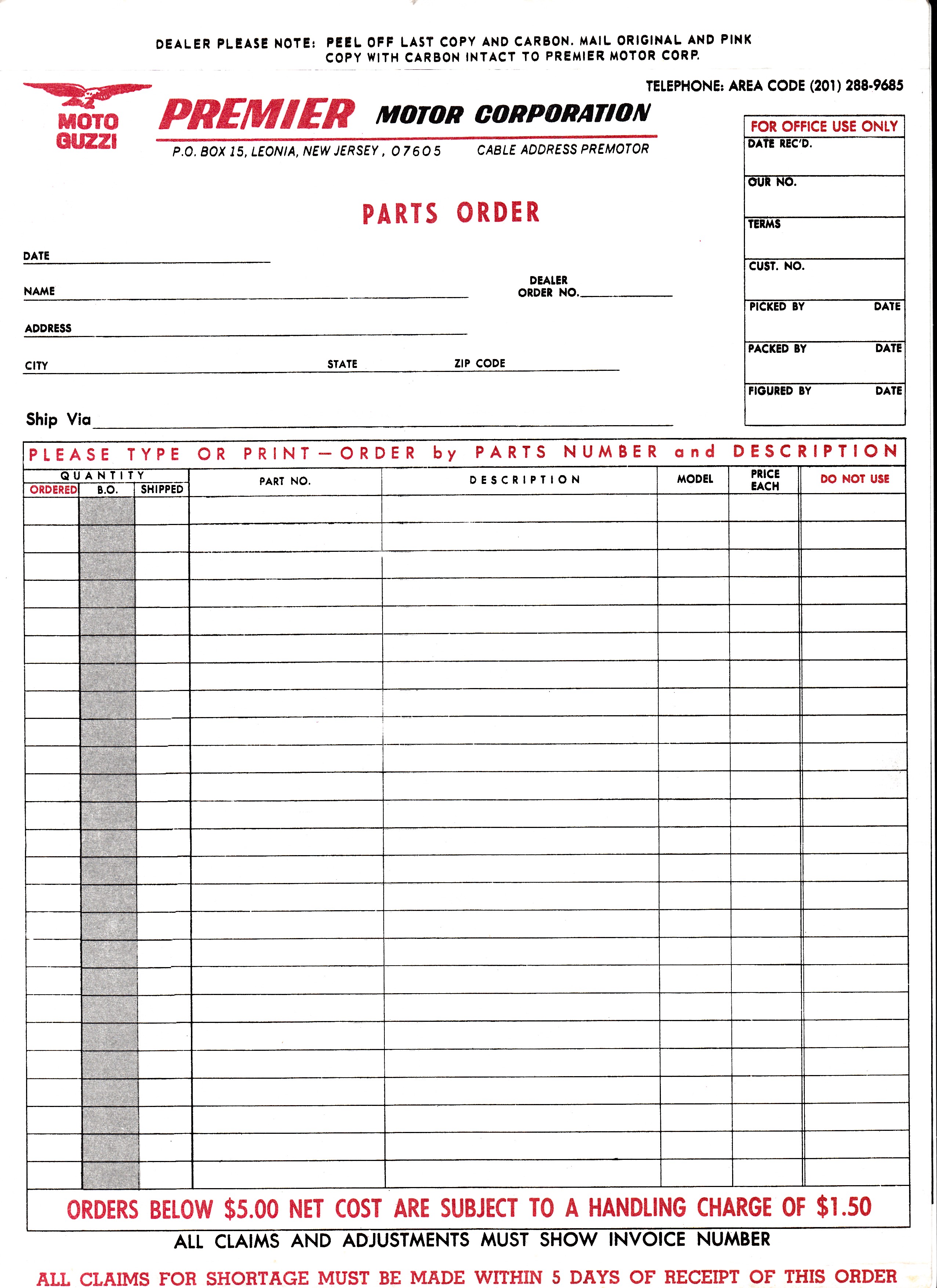 Premier Motor Corporation parts order form 1.