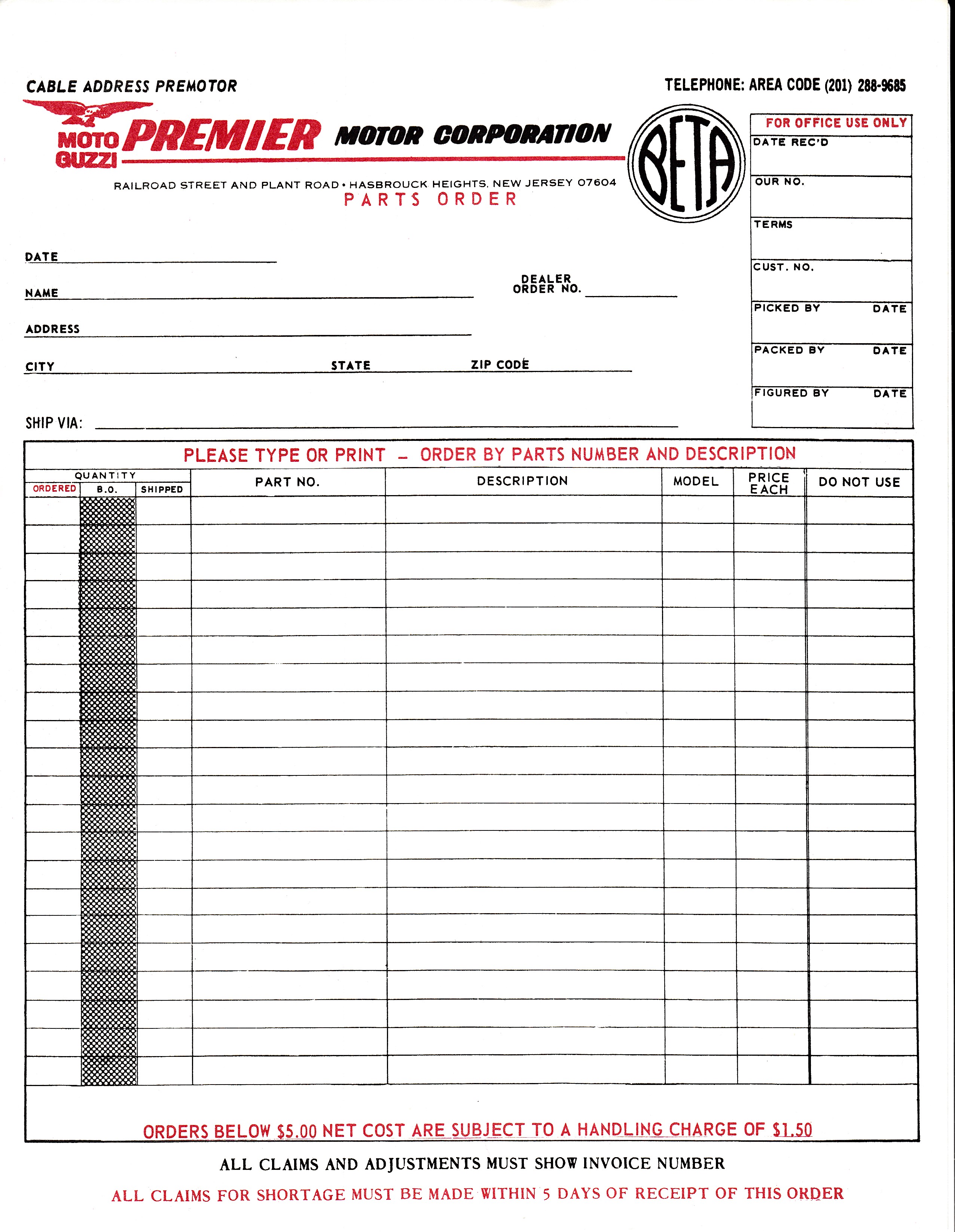 Premier Motor Corporation parts order form 2.