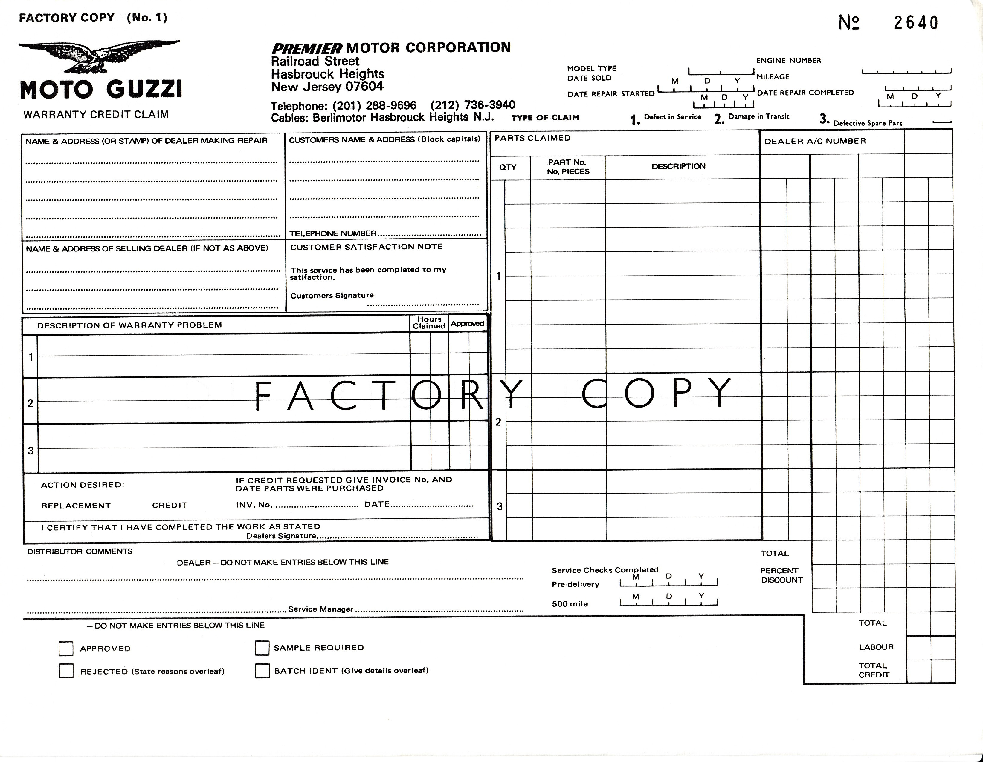 Premier Motor Corporation warranty credit claim form.