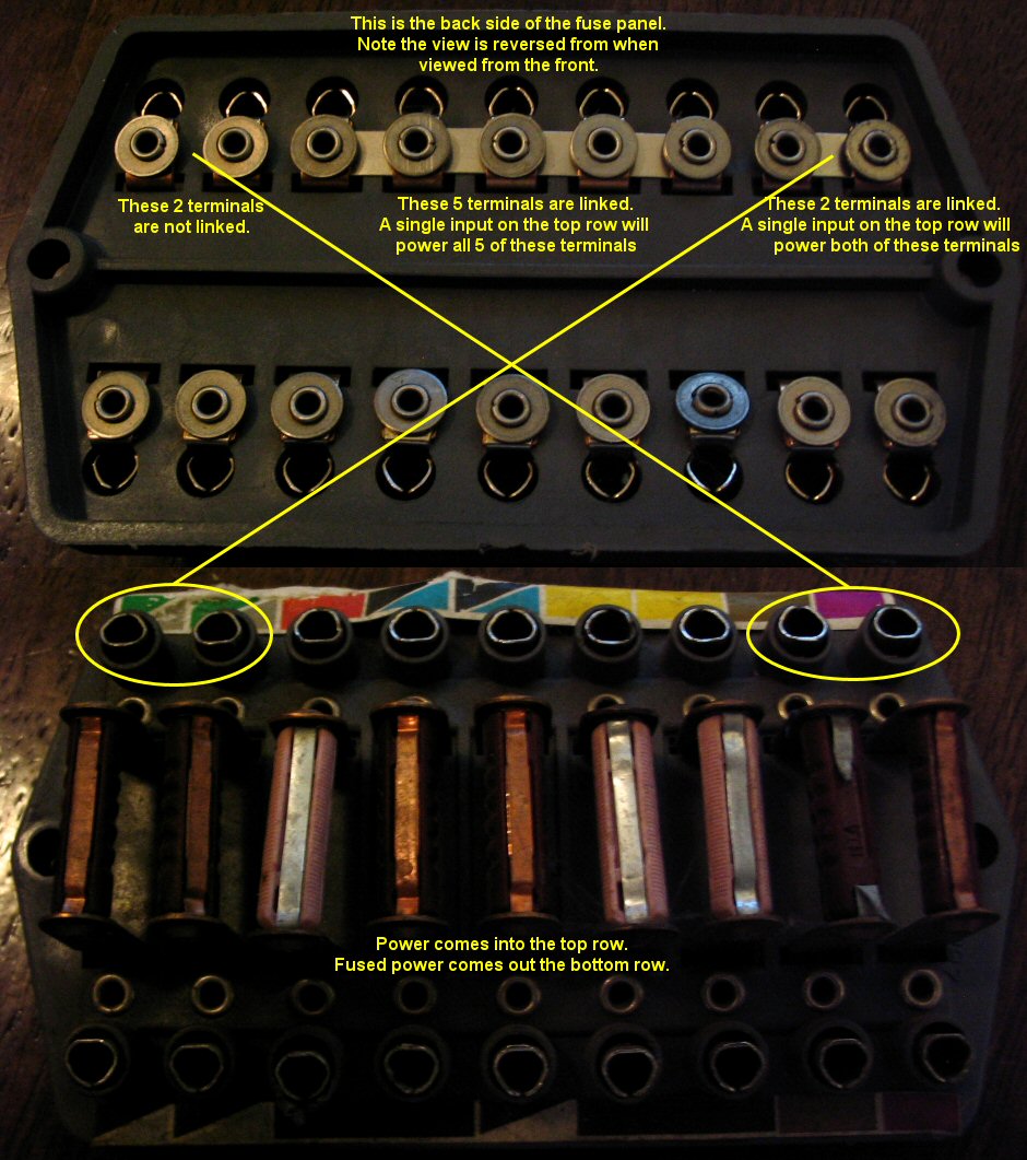 Back and front view of the original fuse block. Applicable to Moto Guzzi V700, V7 Special, Ambassador, 850 GT, 850 GT California, Eldorado, and 850 California Police motorcycles.