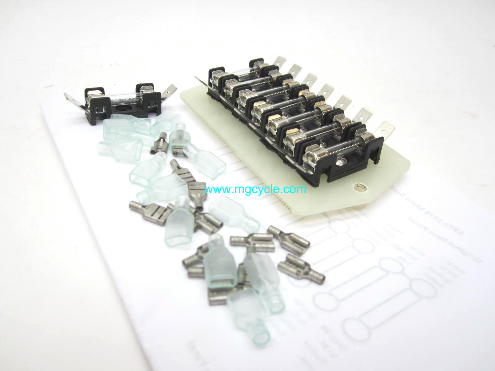 Replacement fuse block for Moto Guzzi V700, V7 Special, Ambassador, 850 GT, 850 GT California, Eldorado, and 850 California Police models.